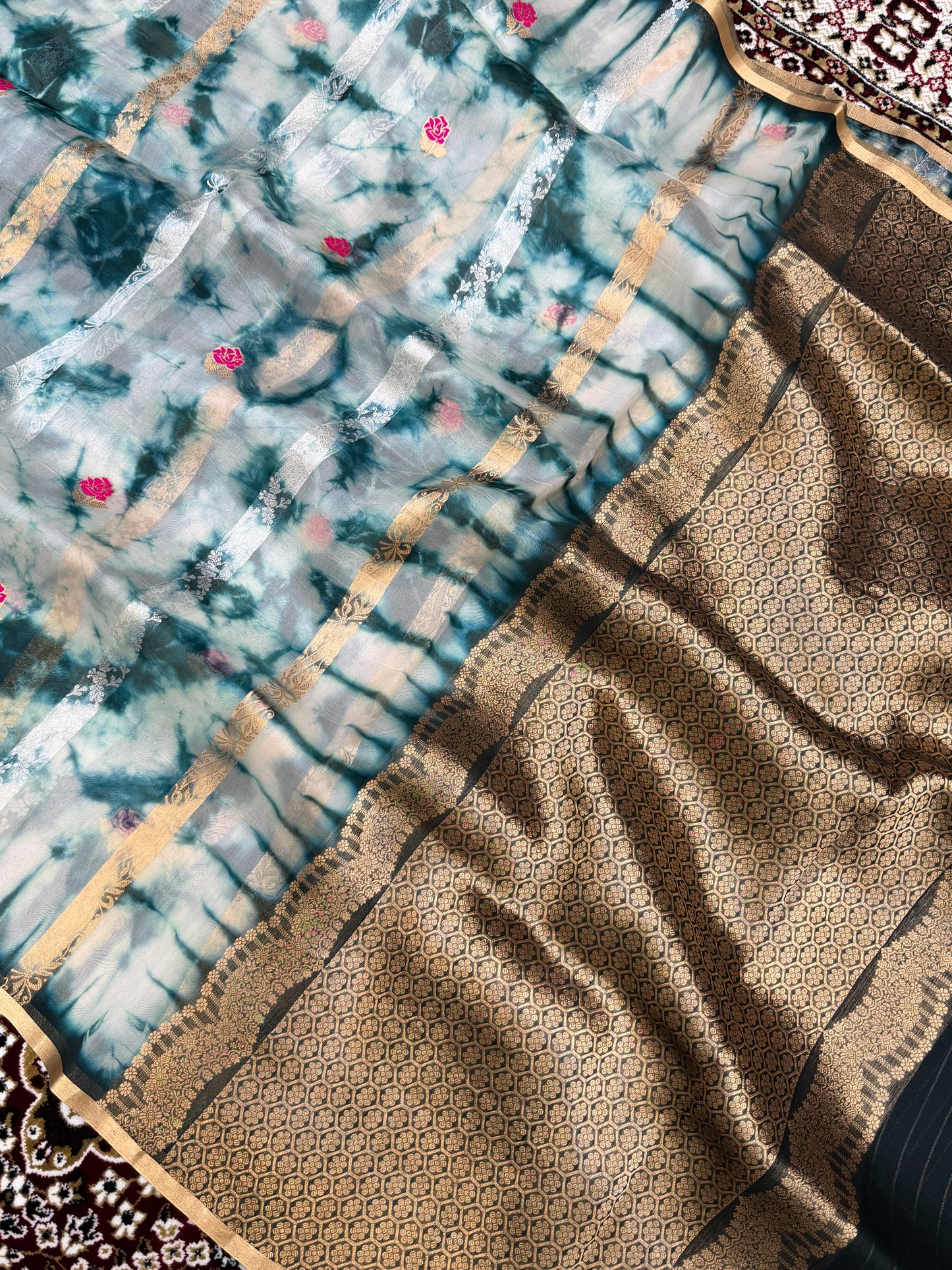 Teal Green Color Pure Organza Handloom Banarasi Saree with Japanese Shibori Dye