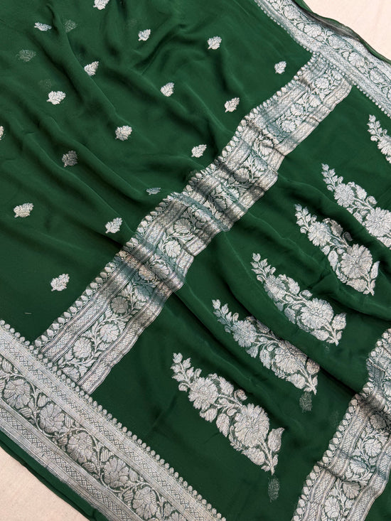Pure Georgette Handloom Banarasi Saree - Silver Zari