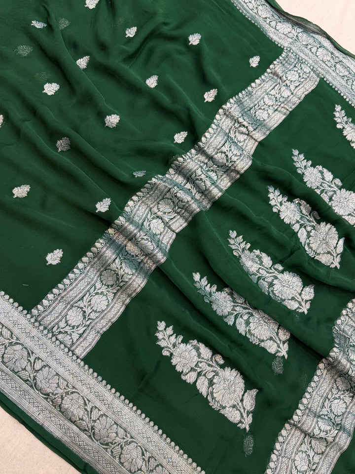 Pure Georgette Handloom Banarasi Saree - Silver Zari
