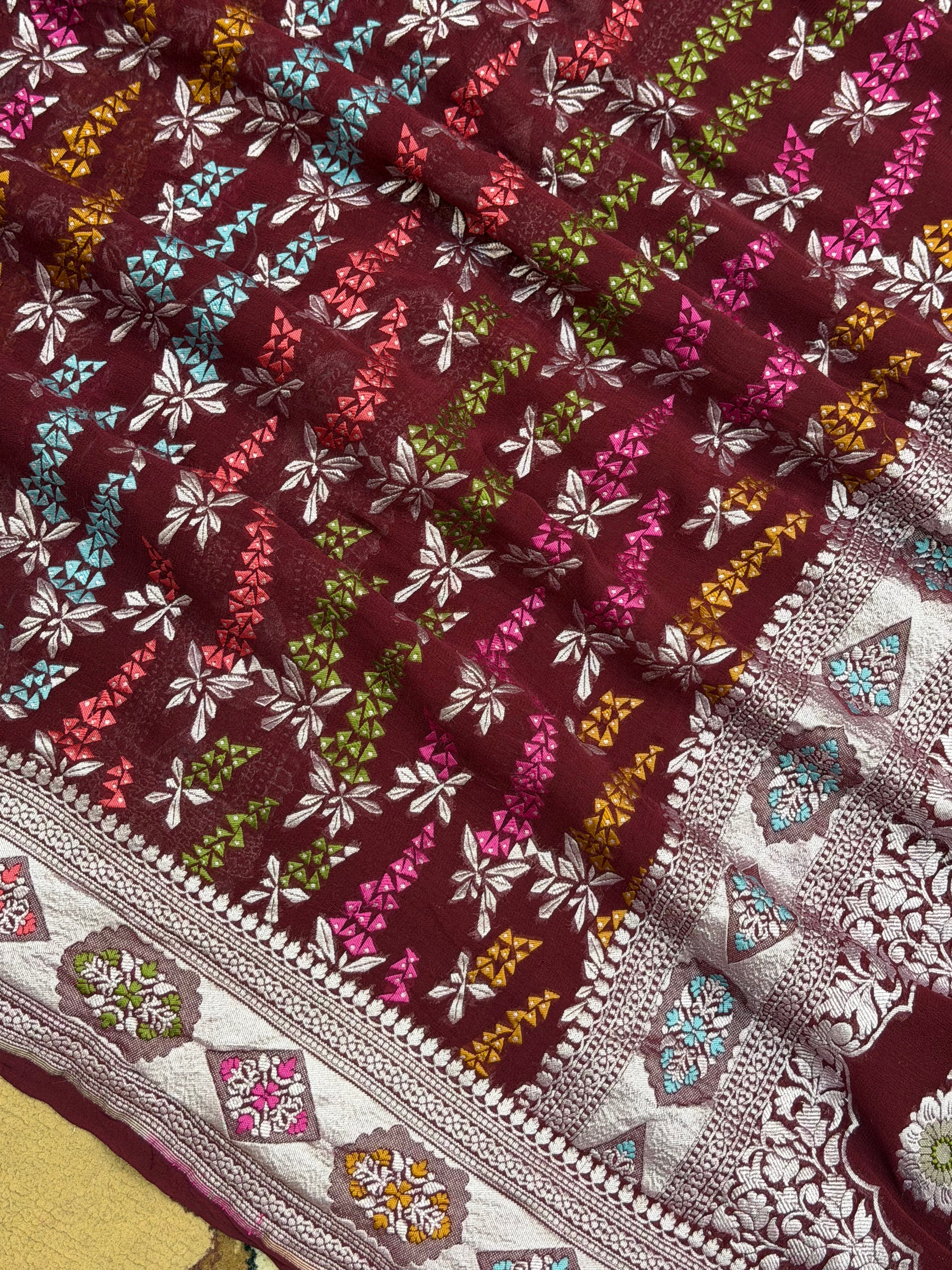 Wine Color Khaddi Georgette Banarasi Saree - All Over Trading Work with Tilfi Meenakari