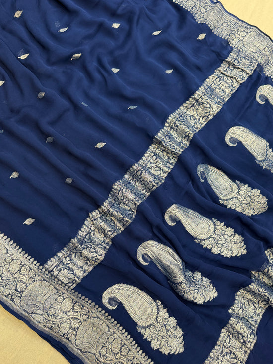 Pure Georgette Handloom Banarasi Saree - Silver Zari