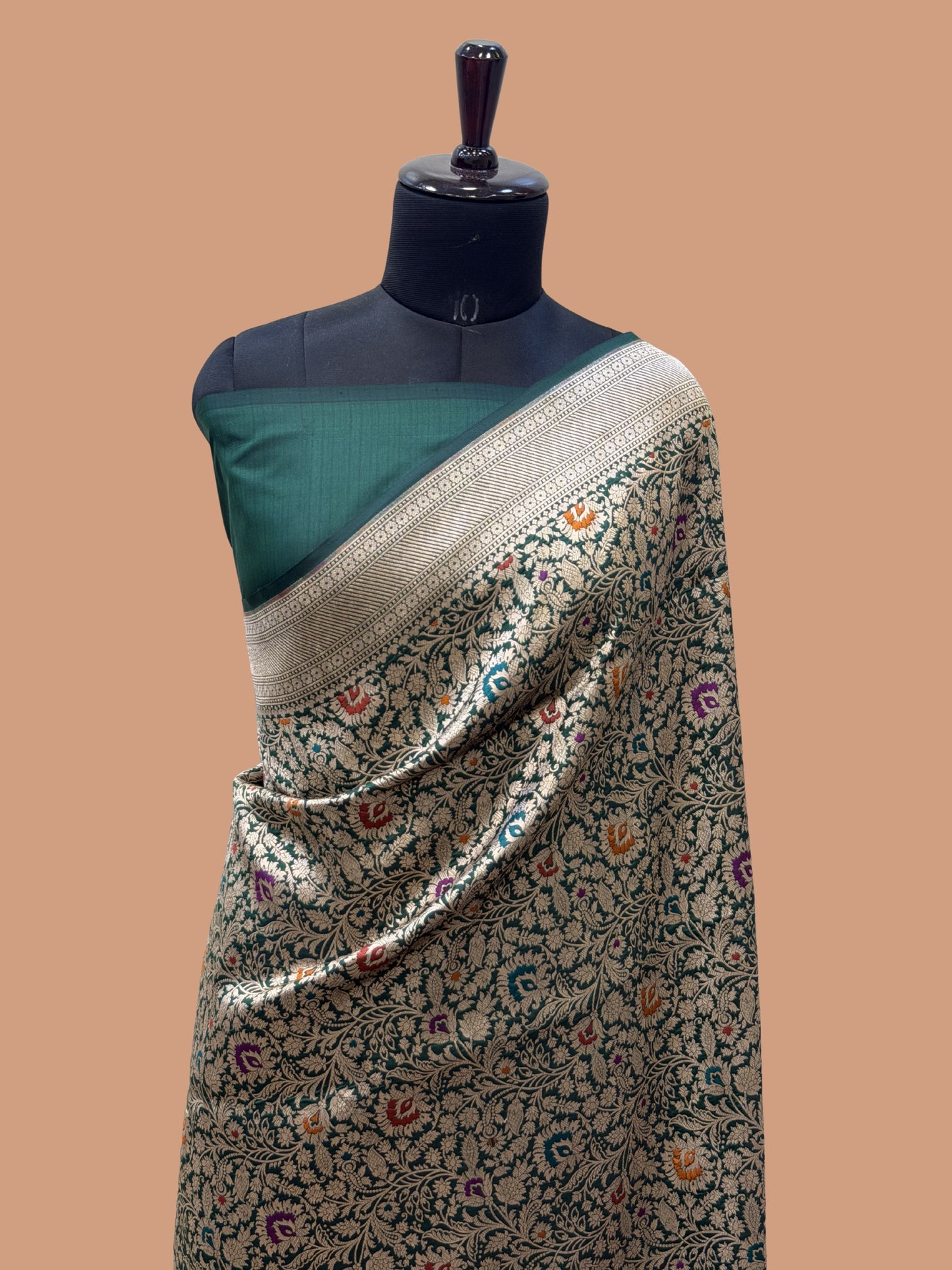 Bottle Green Color Pure Silk handloom Banarasi Saree - All Over Brocade Design with Meenakari