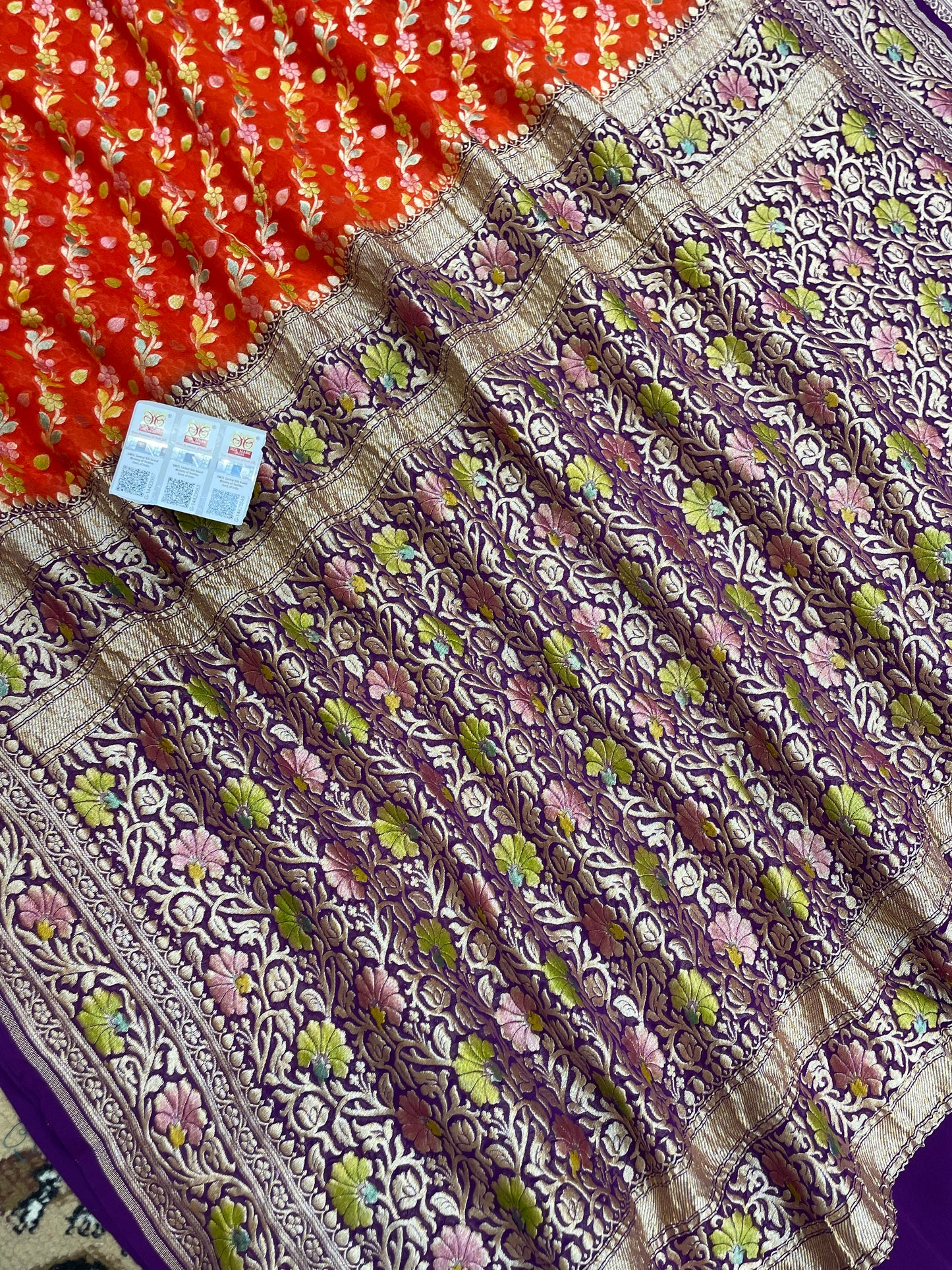 Fanta Color Khaddi Georgette Banarasi Saree -All Over Jaal Work with Meenakari