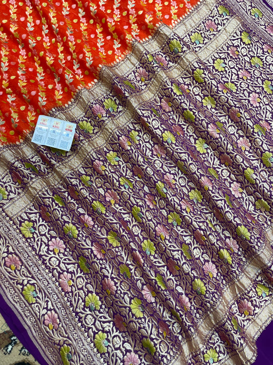 Fanta Color Khaddi Georgette Banarasi Saree -All Over Jaal Work with Meenakari
