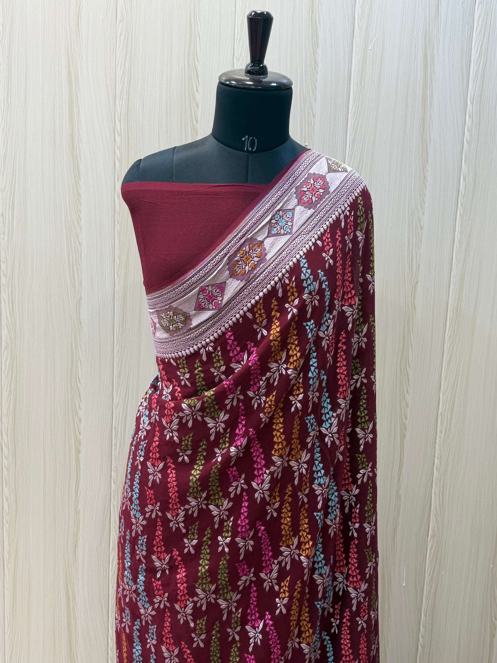 Wine Color Khaddi Georgette Banarasi Saree - All Over Trading Work with Tilfi Meenakari