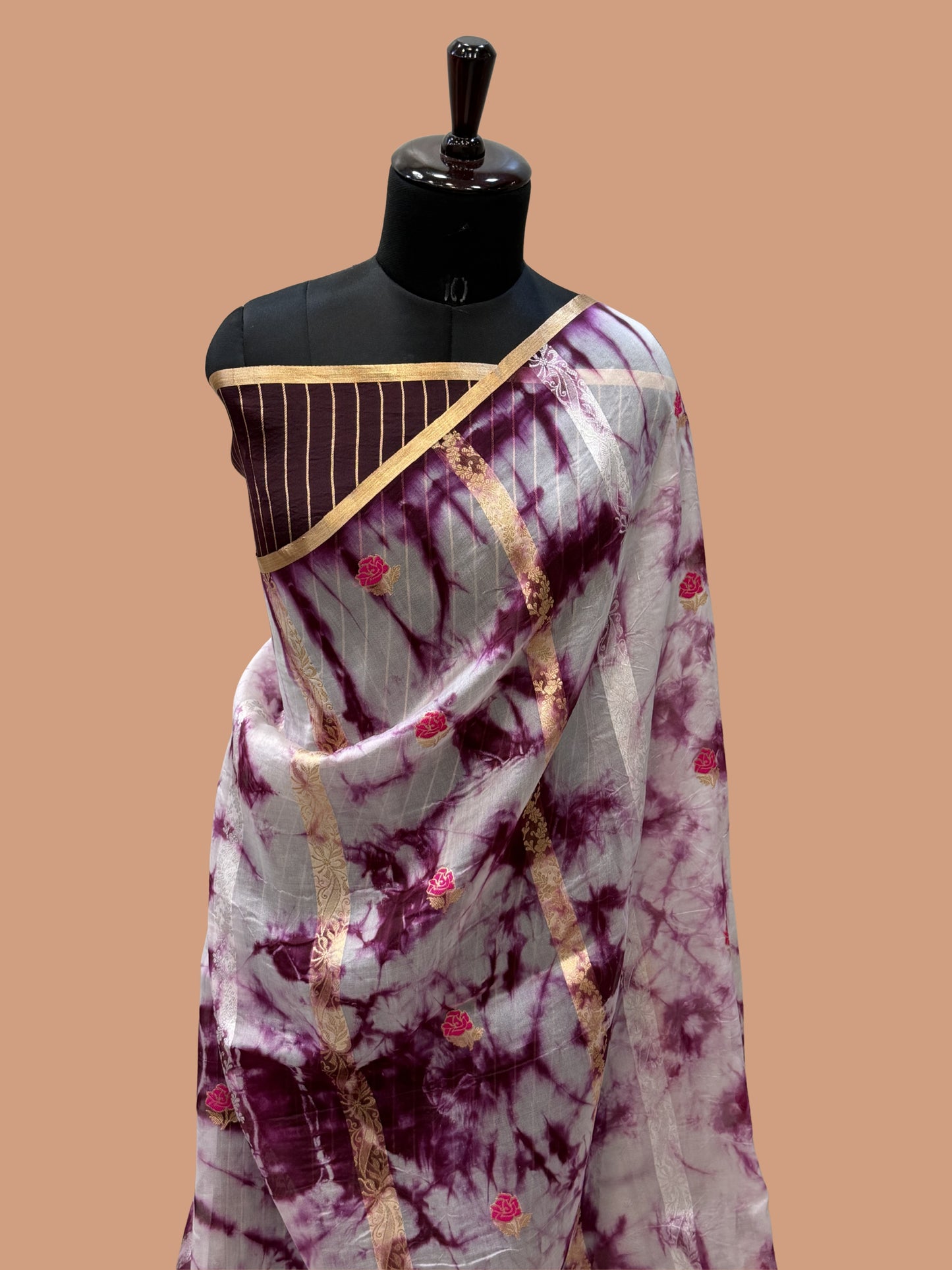 Wine Color Pure Organza Handloom Banarasi Saree with Japanese Shibori Dye
