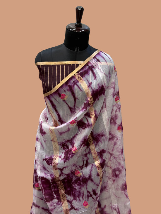 Wine Color Pure Organza Handloom Banarasi Saree with Japanese Shibori Dye