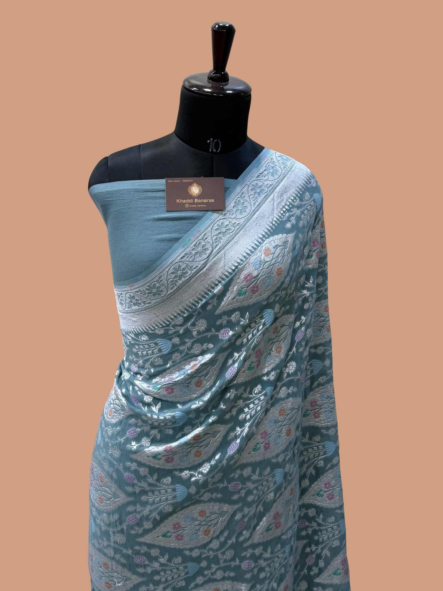 Grey Color Khaddi Georgette Banarasi Saree - All Silver Zari Work with Tilfi Meenakari