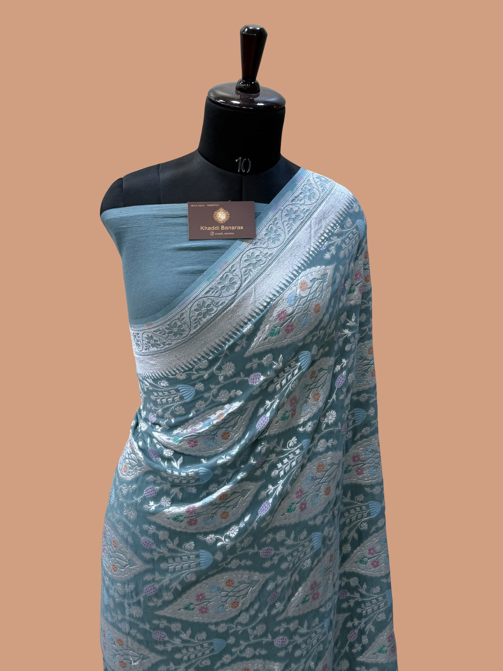 Grey Color Khaddi Georgette Banarasi Saree - All Silver Zari Work with Tilfi Meenakari