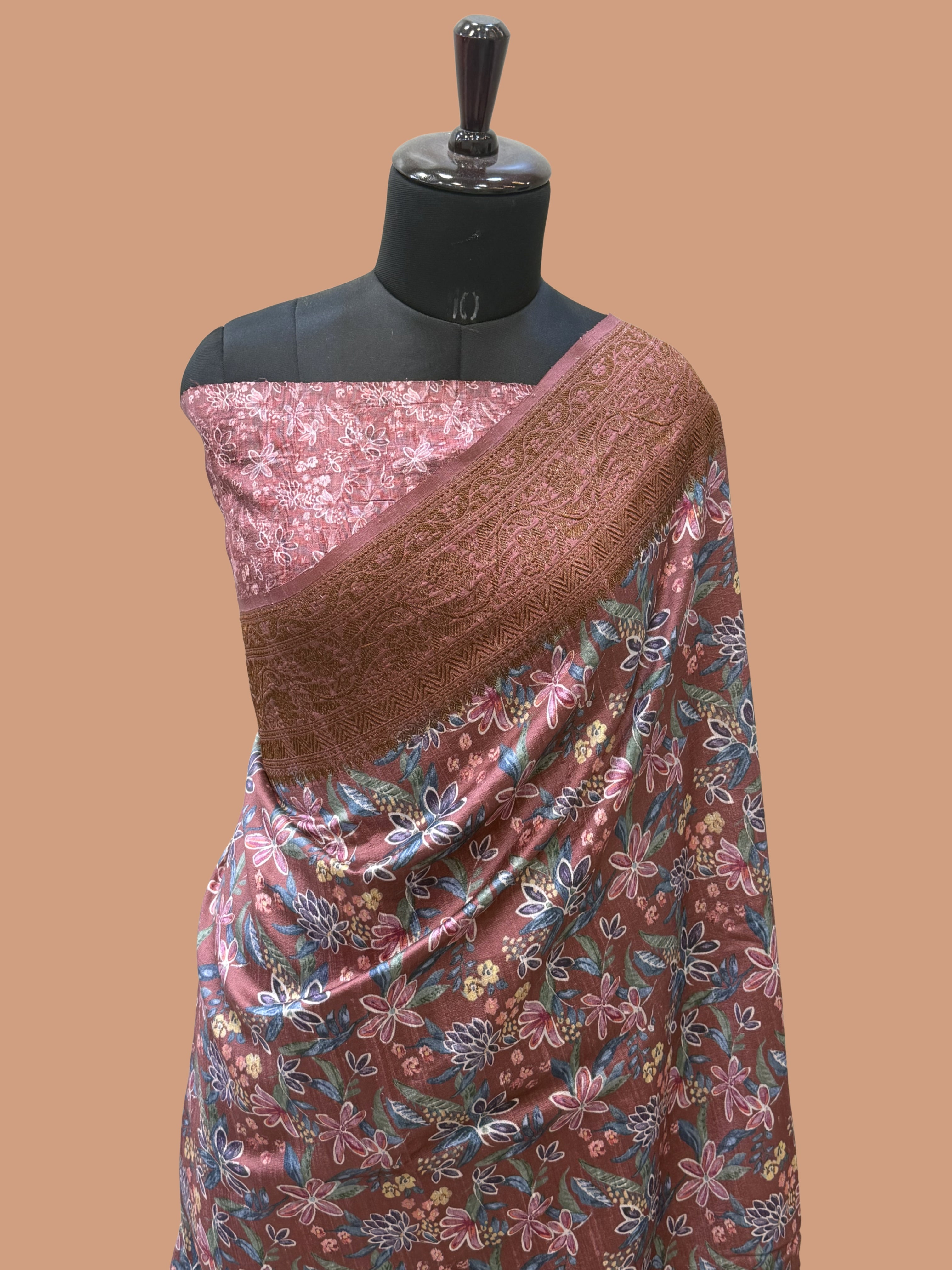 Peach Color Pure Raw Silk Handloom Banarasi Saree with Digital Print
