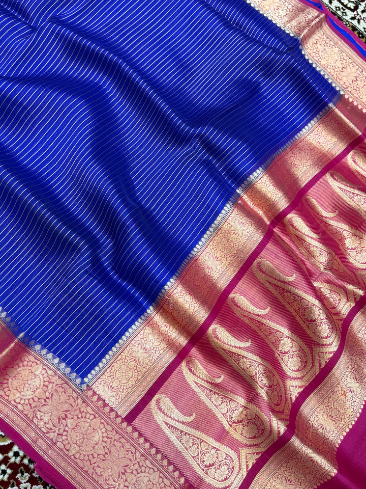 Royal Blue Color Pure Organza Handloom Banarasi Saree - All Over Stripe Design