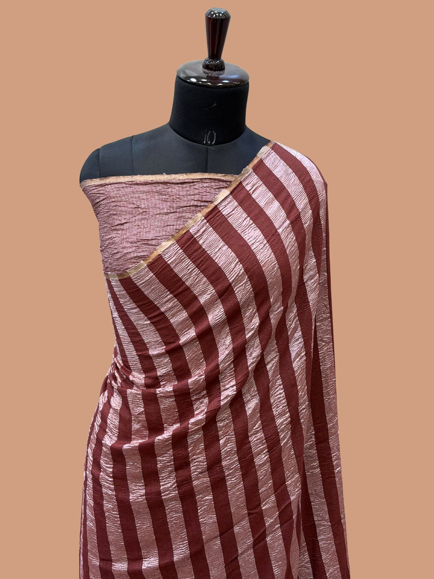 Wine Color Chiniya Tissue  Silk Banarasi Saree with Stripe Design