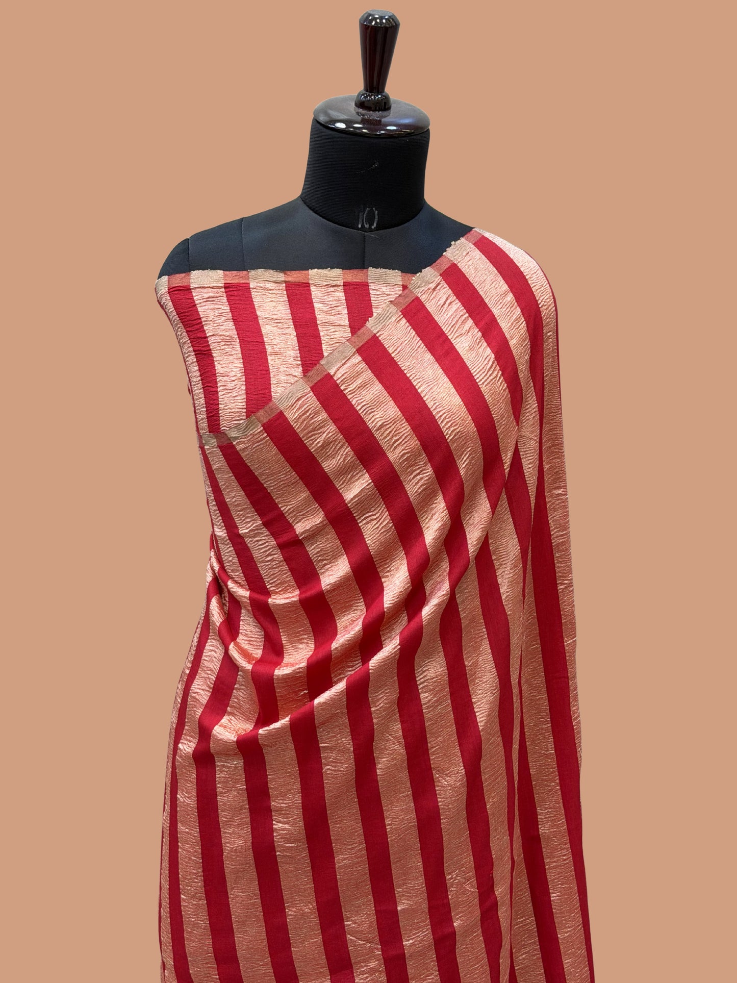 Red Color Chiniya Tissue  Silk Banarasi Saree with Stripe Design