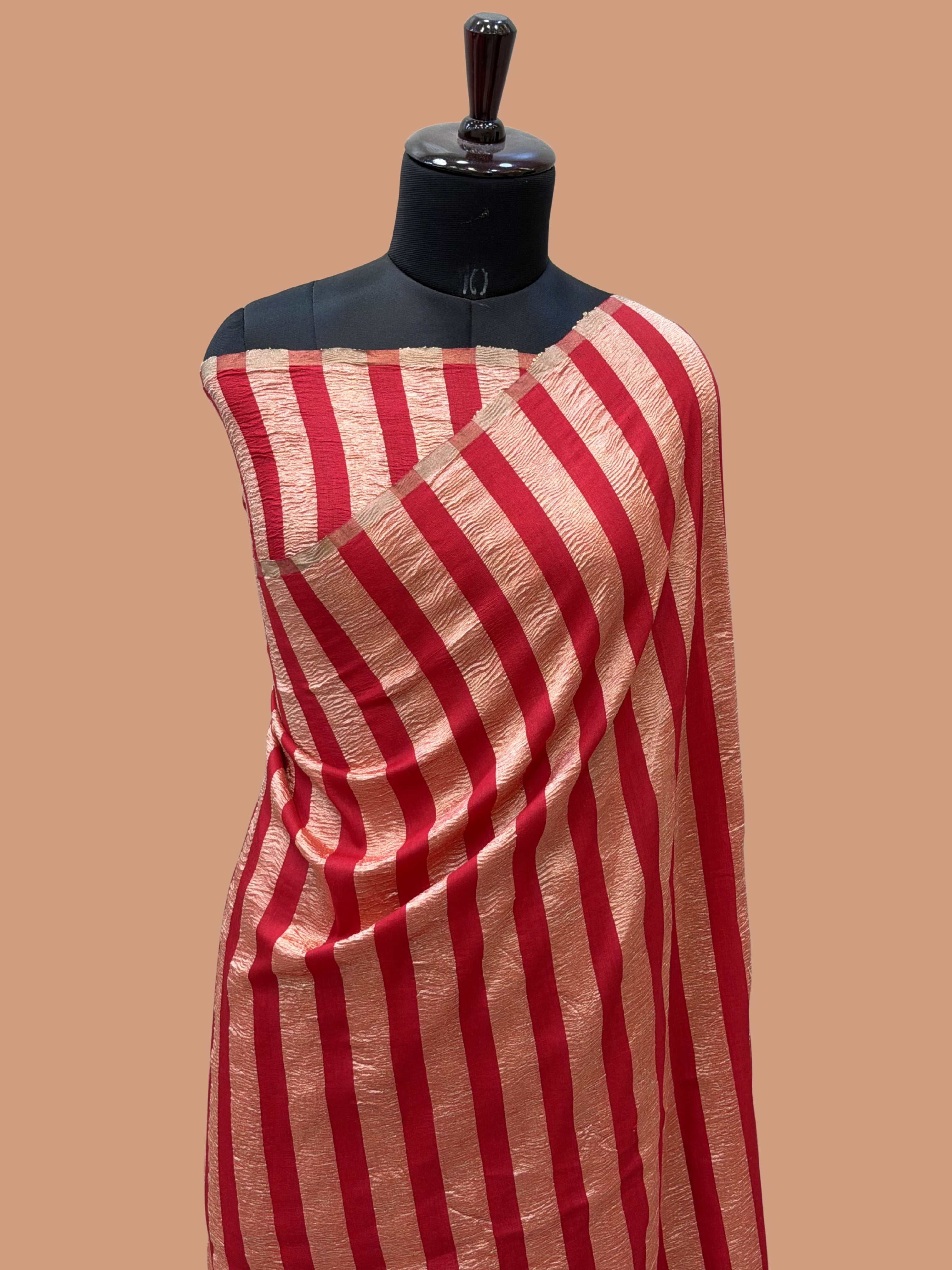 Red Color Chiniya Tissue  Silk Banarasi Saree with Stripe Design