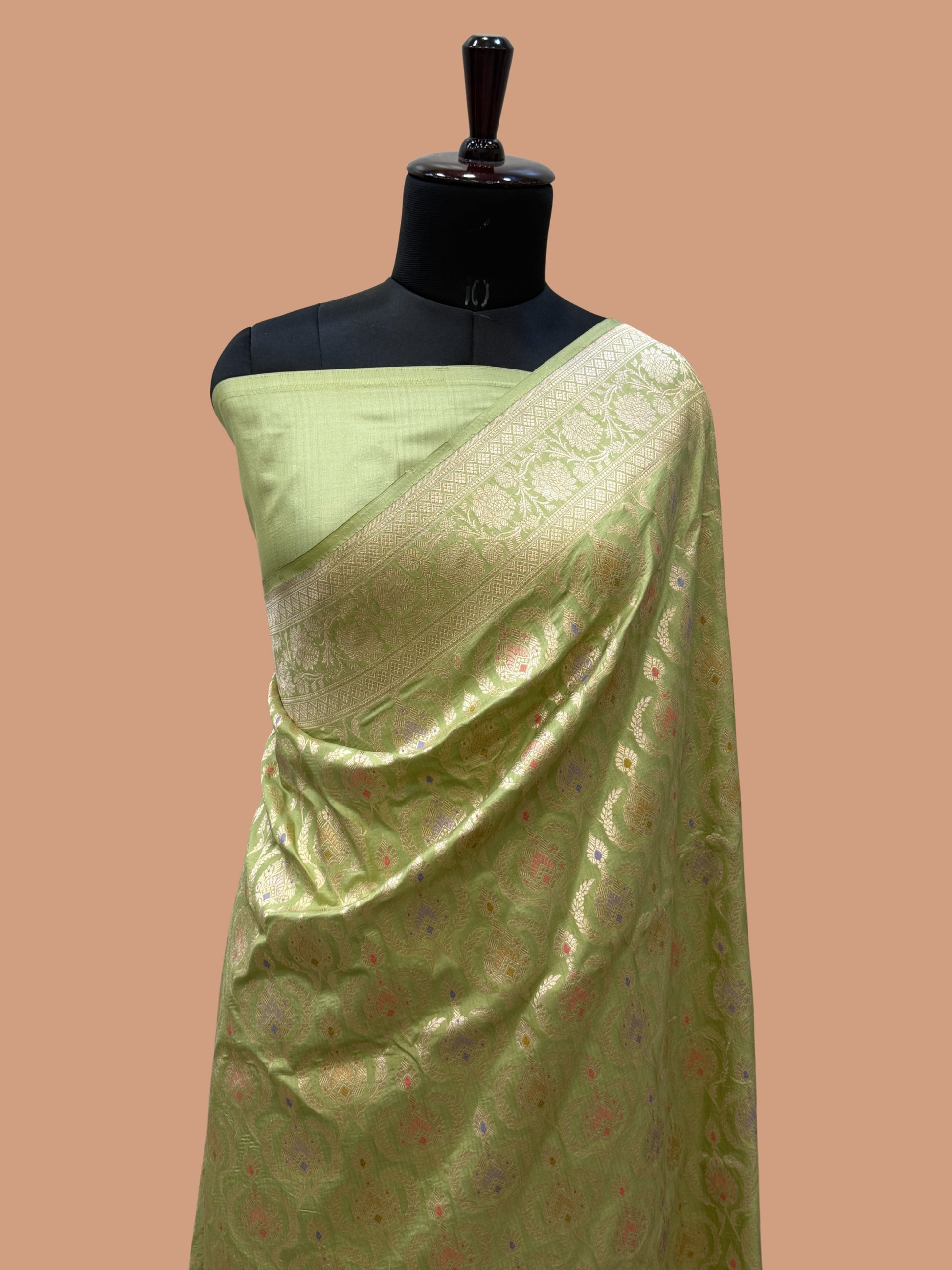 Pista Color Pure Katan Silk Handloom Banarasi Saree - All Jaal Work with Meenakari
