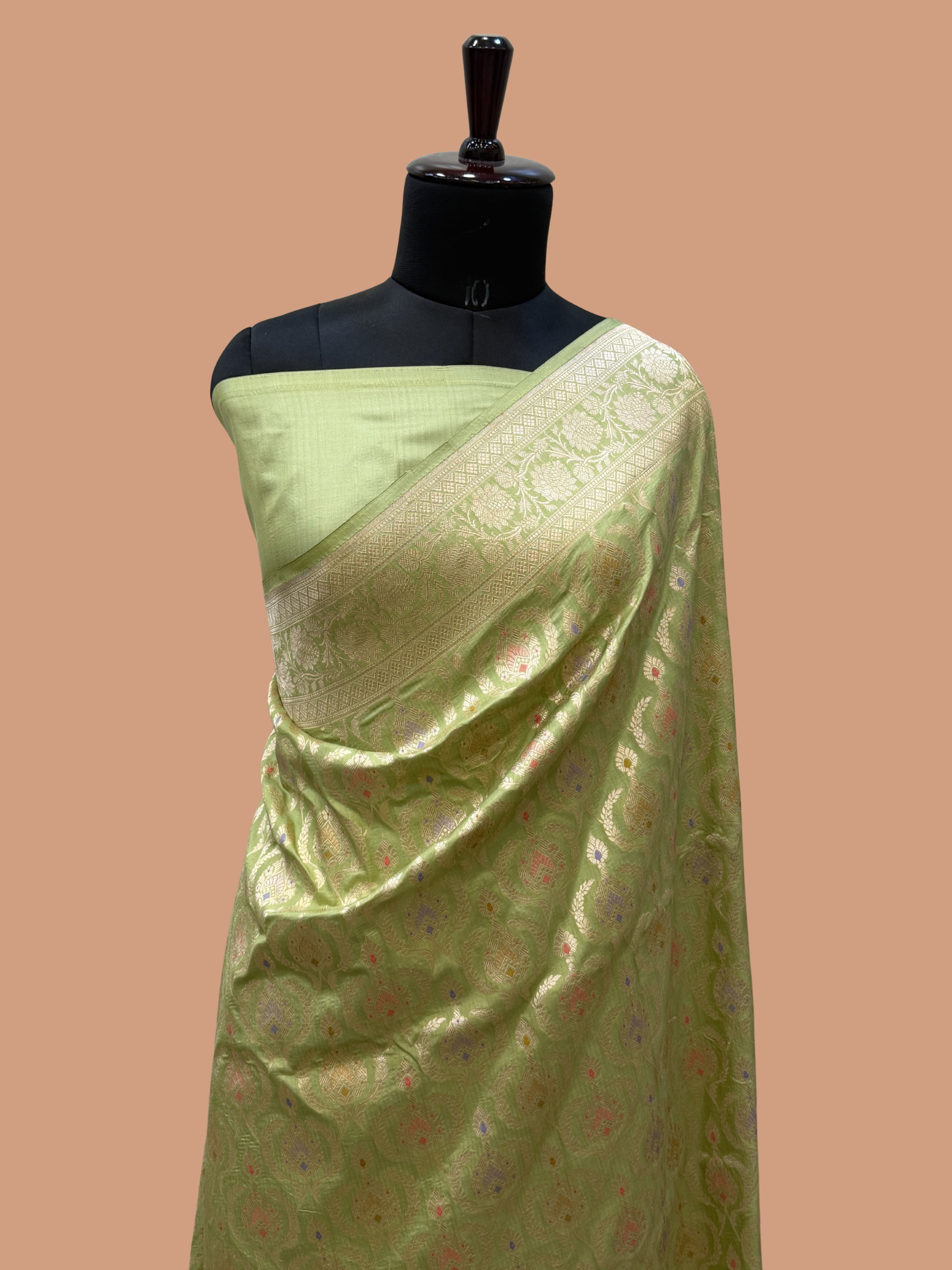 Pista Color Pure Katan Silk Handloom Banarasi Saree - All Jaal Work with Meenakari
