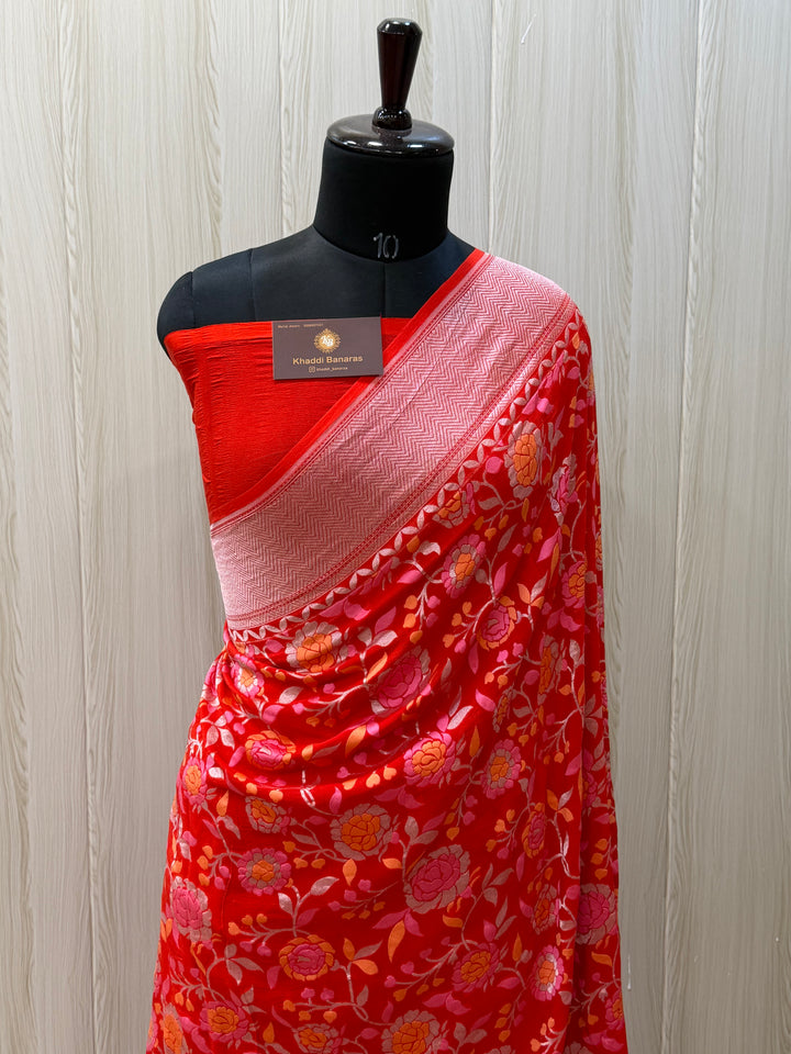 Orange Color Khaddi Georgette Banarasi Saree - All over jaal Work with Tilfi Meenakri