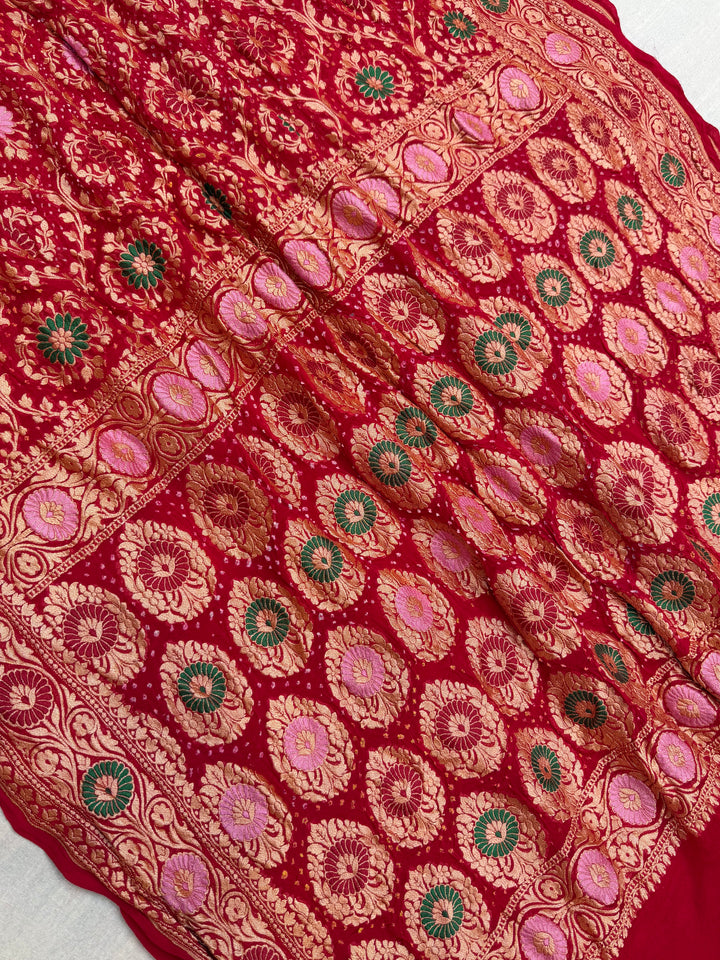 Pure Georgette Banarasi Bandhej Handloom Saree - Meenakari