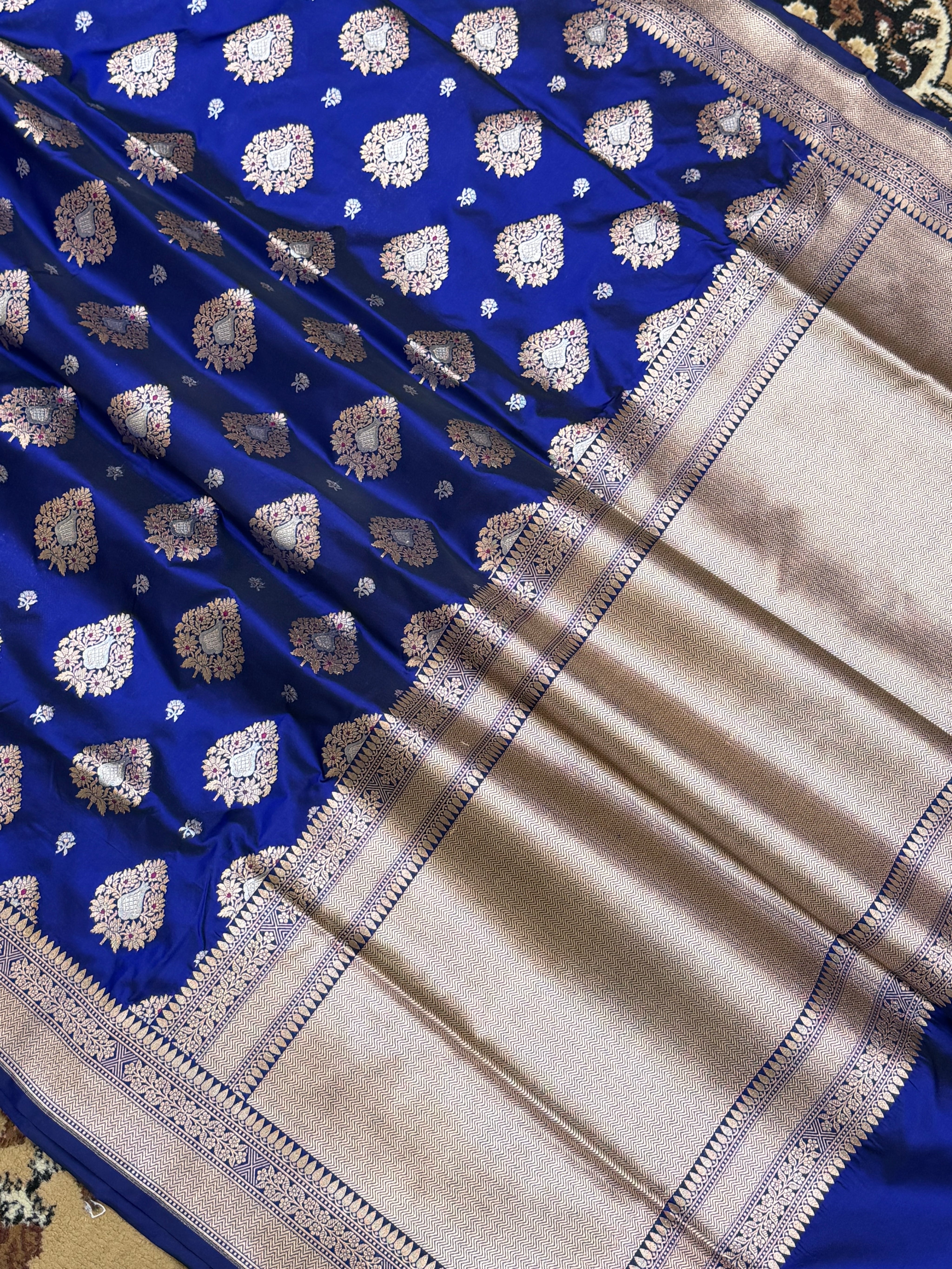 Royal Blue Color Pure Silk Handloom Banarasi Saree - All Over Sona Rupa Buta Work