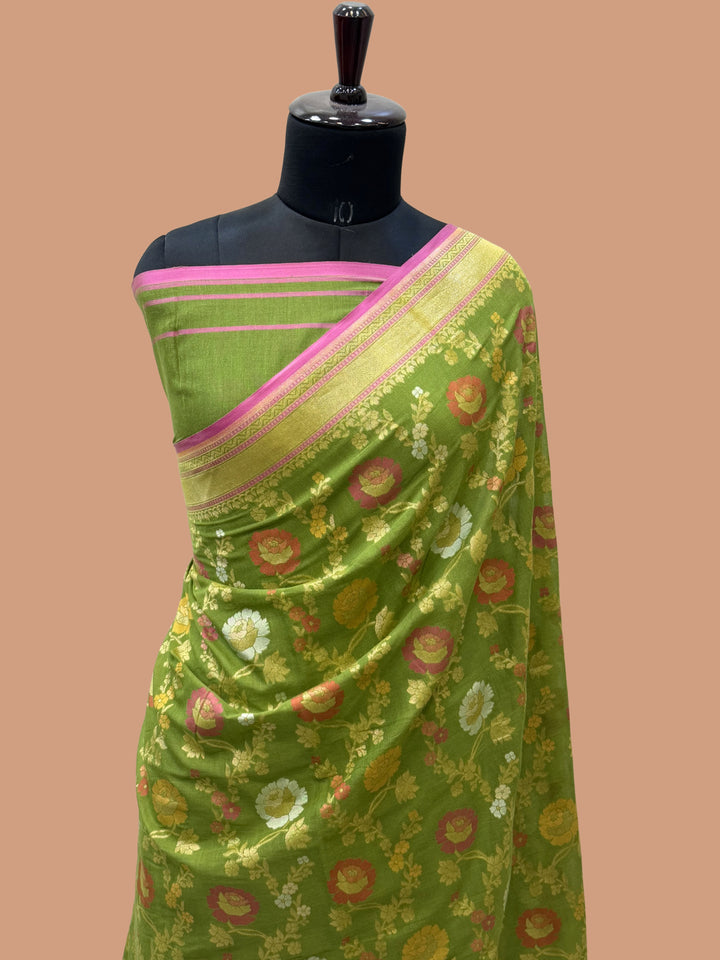 Green Color Cotton Jamdani Banarasi Saree