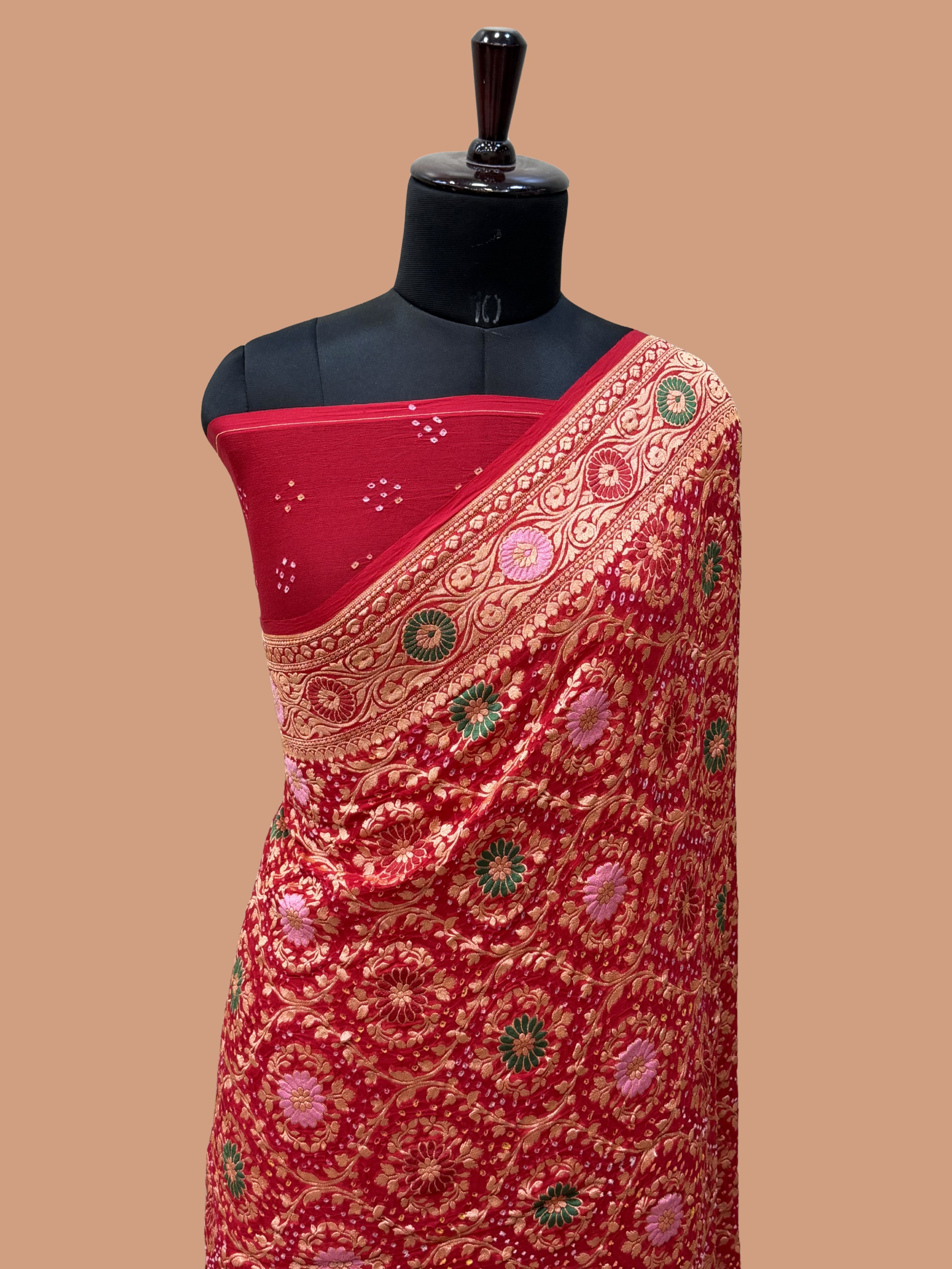 Pure Georgette Banarasi Bandhej Handloom Saree - Meenakari