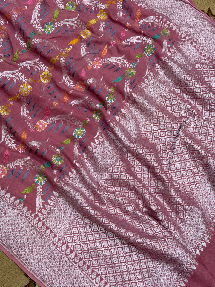 Dusty Rose Khaddi Georgette Banarasi Saree All Over Leherya Work with Tilfi Meenakari