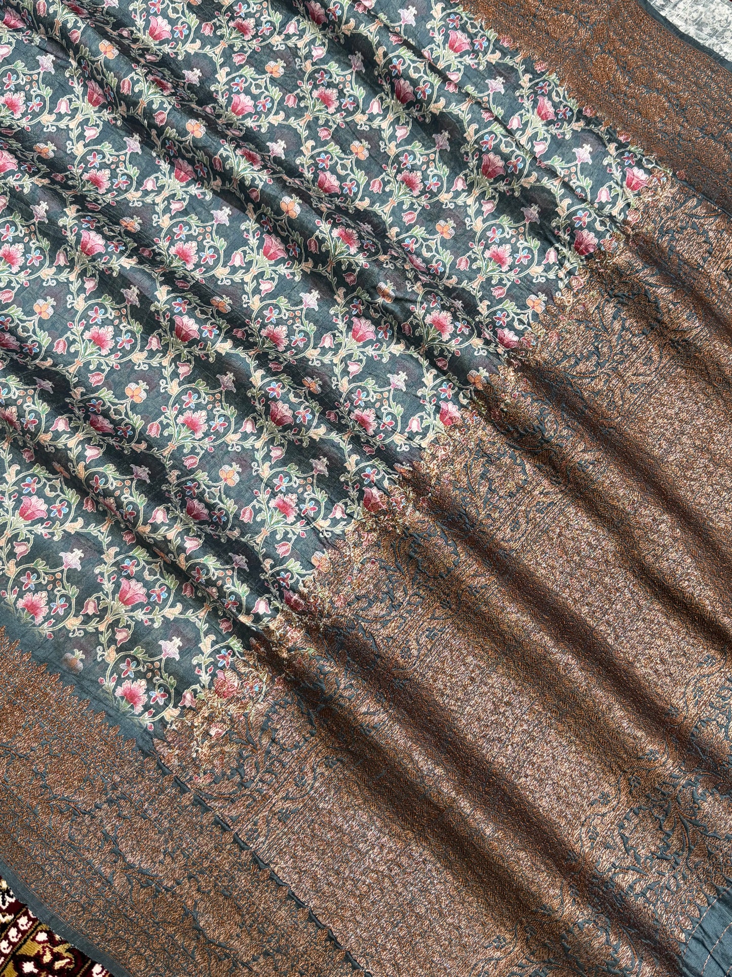 Grey Color Pure Raw Silk Handloom Banarasi Saree with Digital Print