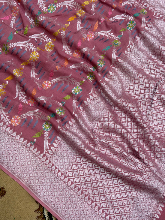 Dusty Rose Khaddi Georgette Banarasi Saree All Over Leherya Work with Tilfi Meenakari