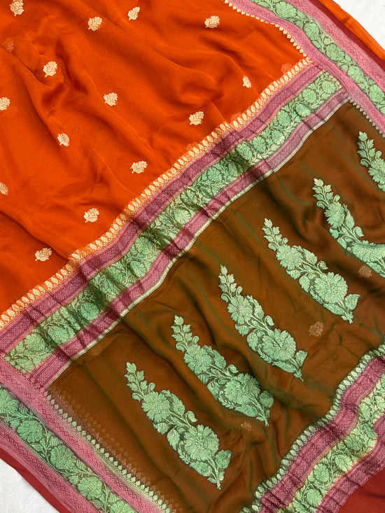 Pure Georgette Handloom Banarasi Saree - Gold Zari