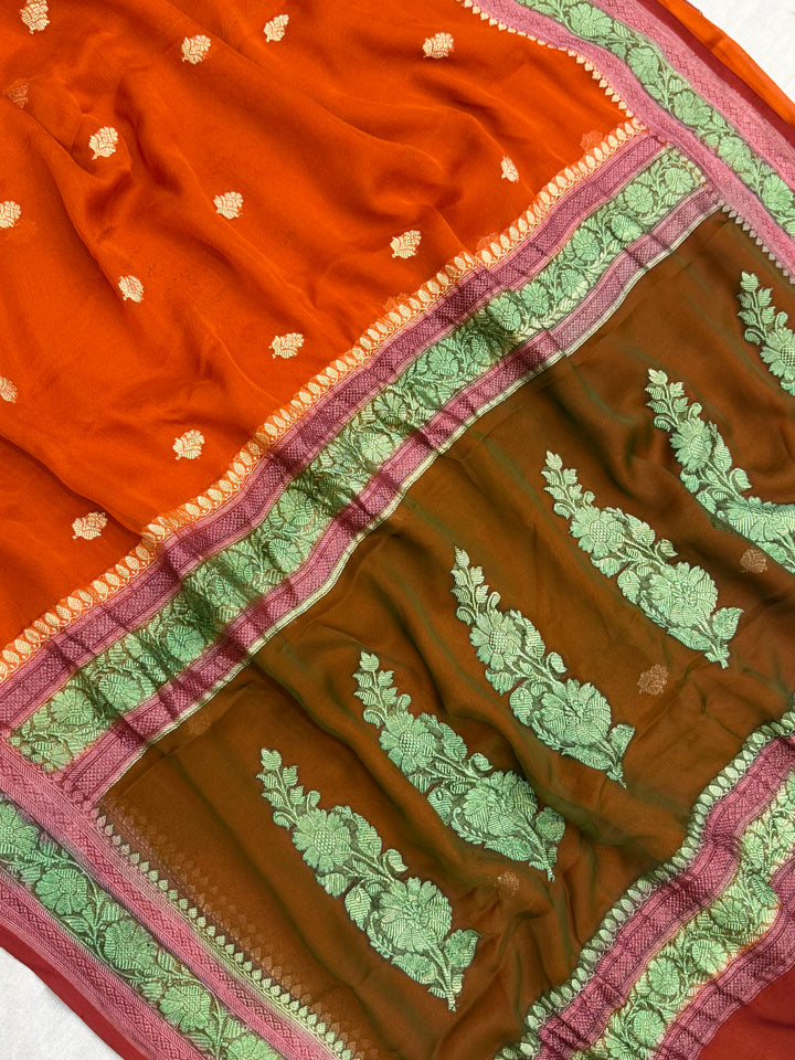 Pure Georgette Handloom Banarasi Saree - Gold Zari