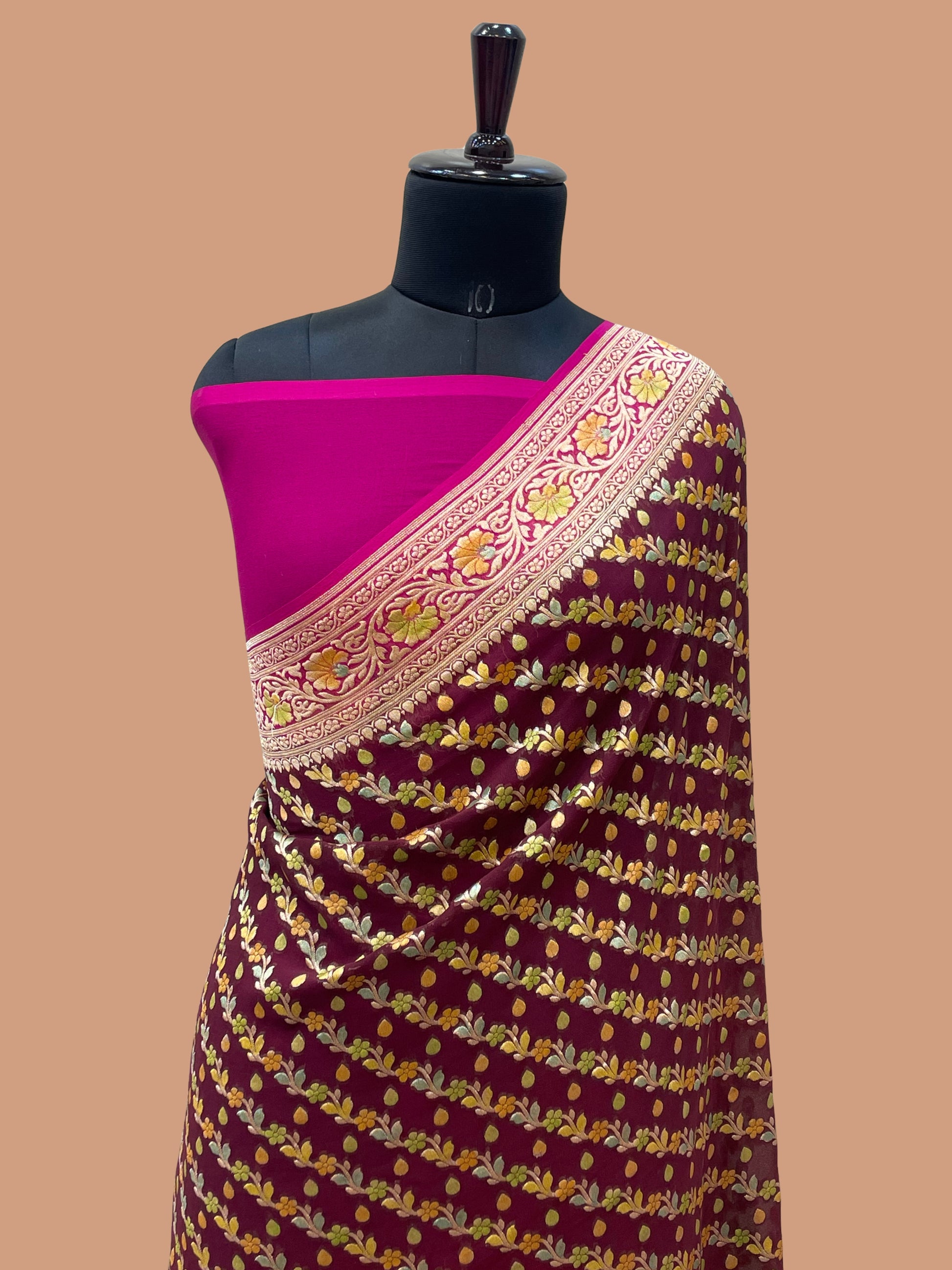 Wine Color Khaddi Georgette Banarasi Saree - All Over Jaal Work with Meenakari