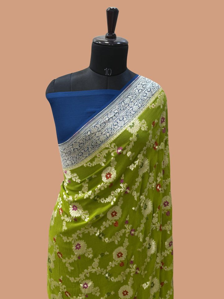 Mehandi Color Khaddi GEorgette Banarasi Saree - All Over Jaal Work with Tilfi Meenakari
