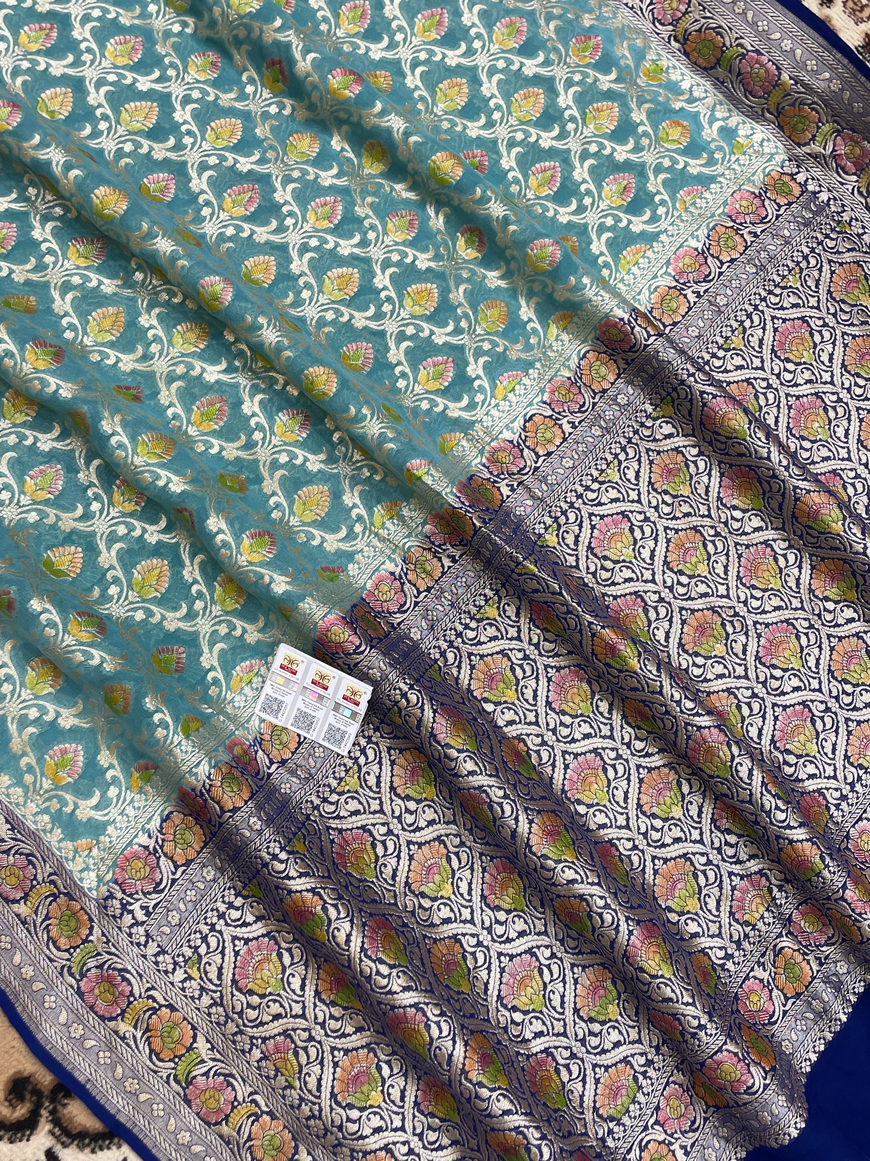 Sea Green Color Khaddi Georgette Banarasi Saree - All Over Jaal work with Tilfi Meenakari