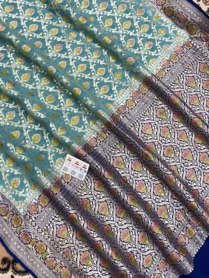 Sea Green Color Khaddi Georgette Banarasi Saree - All Over Jaal work with Tilfi Meenakari