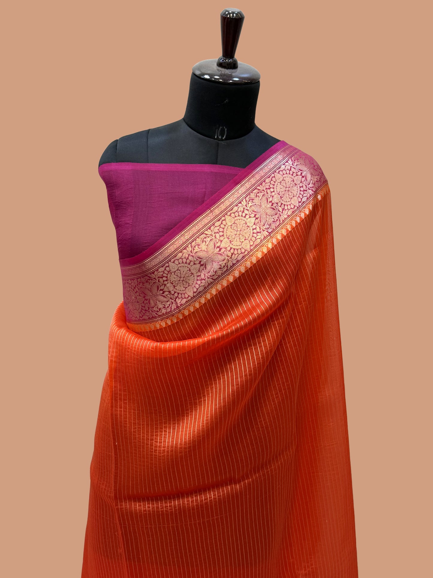 Fanta Color Pure Organza Handloom Banarasi Saree - All Over Stripe Design