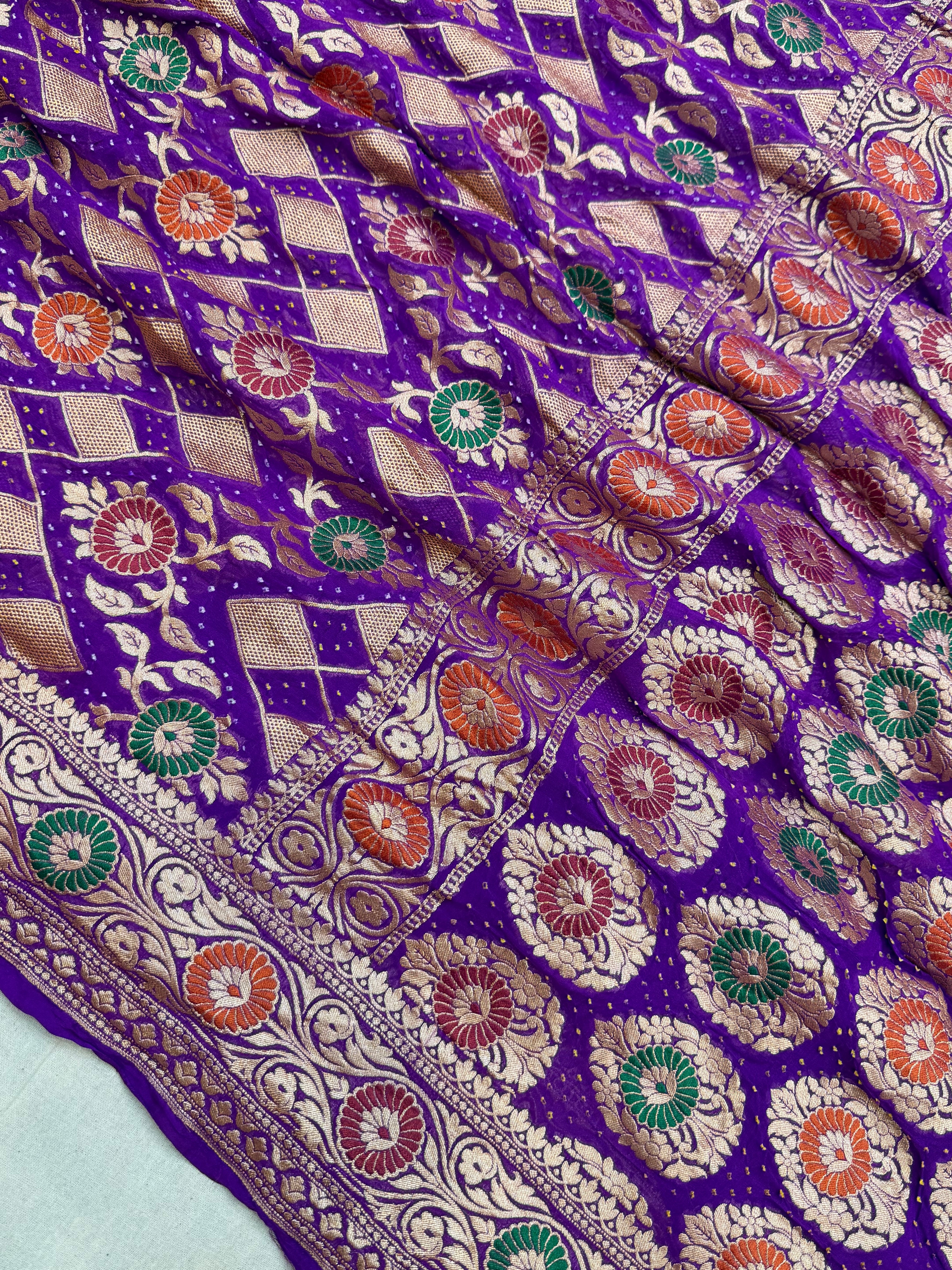 Pure Georgette Banarasi Bandhej Handloom Saree - Meenakari