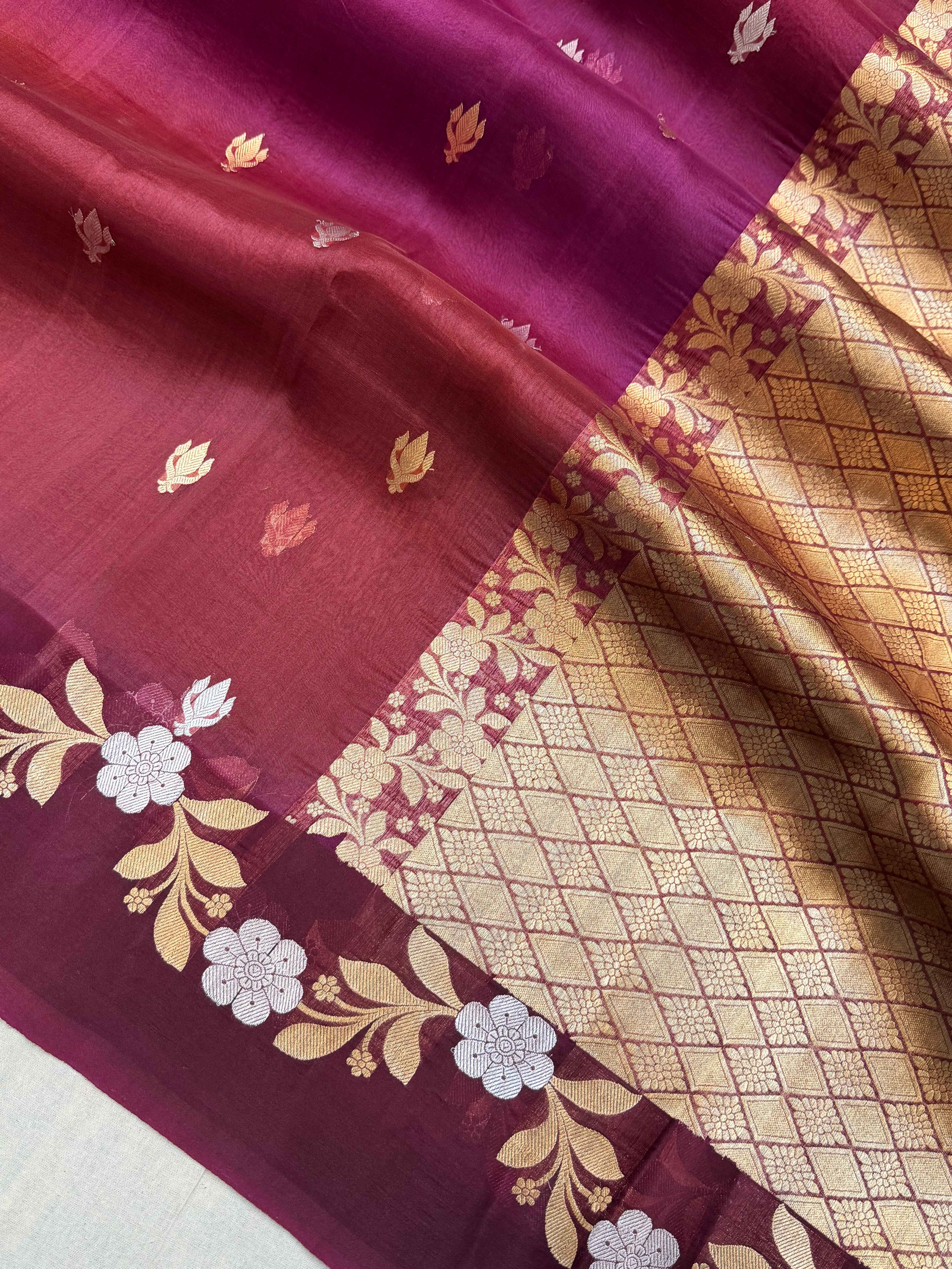 Maroon Color Pure Kora Silk Handloom Banarasi Saree - All Over ButiJaal Work