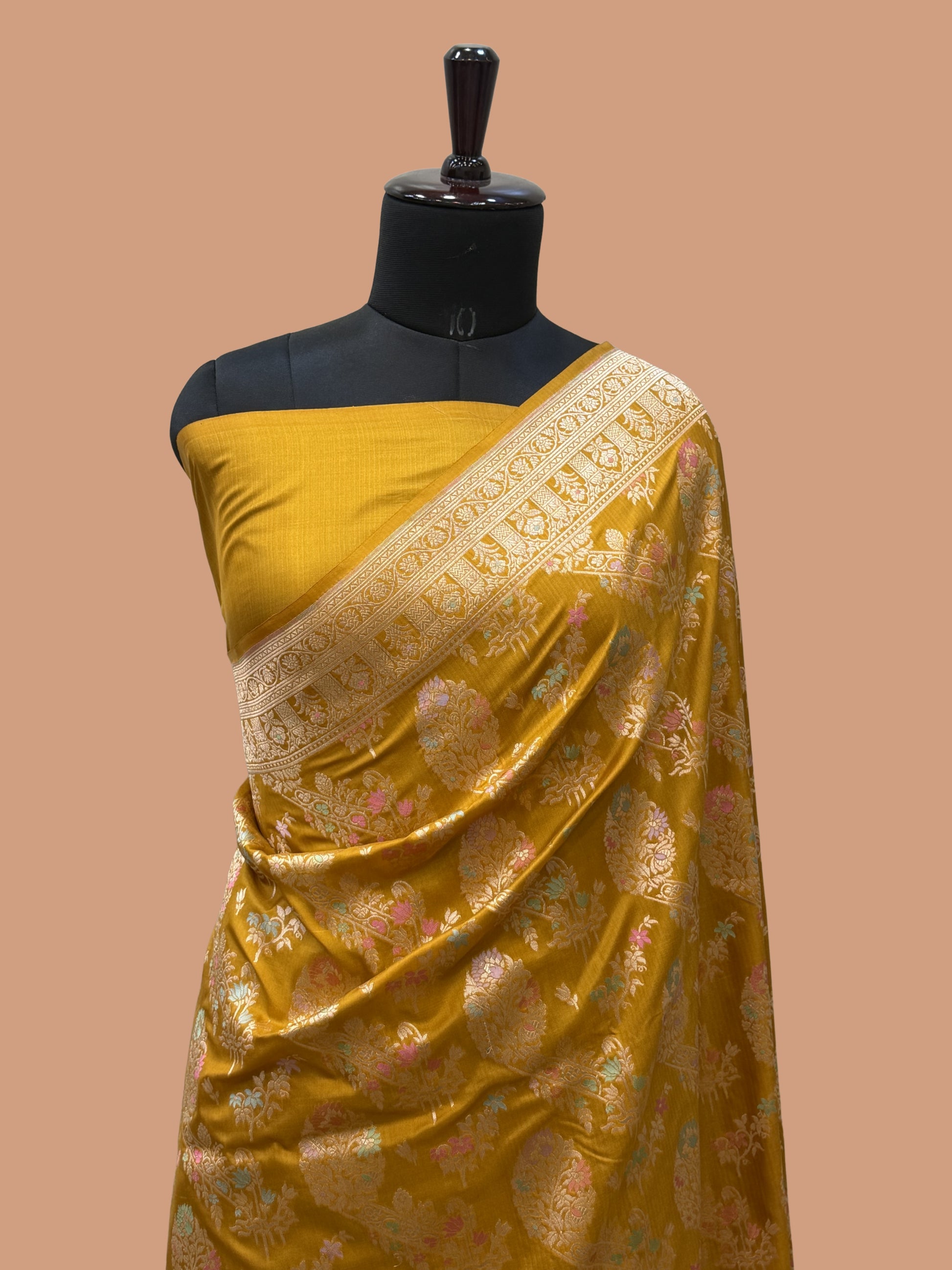 Musterd Color Pure Silk Handloom Banarasi Saree - All Over Jaal Work with Meenakari