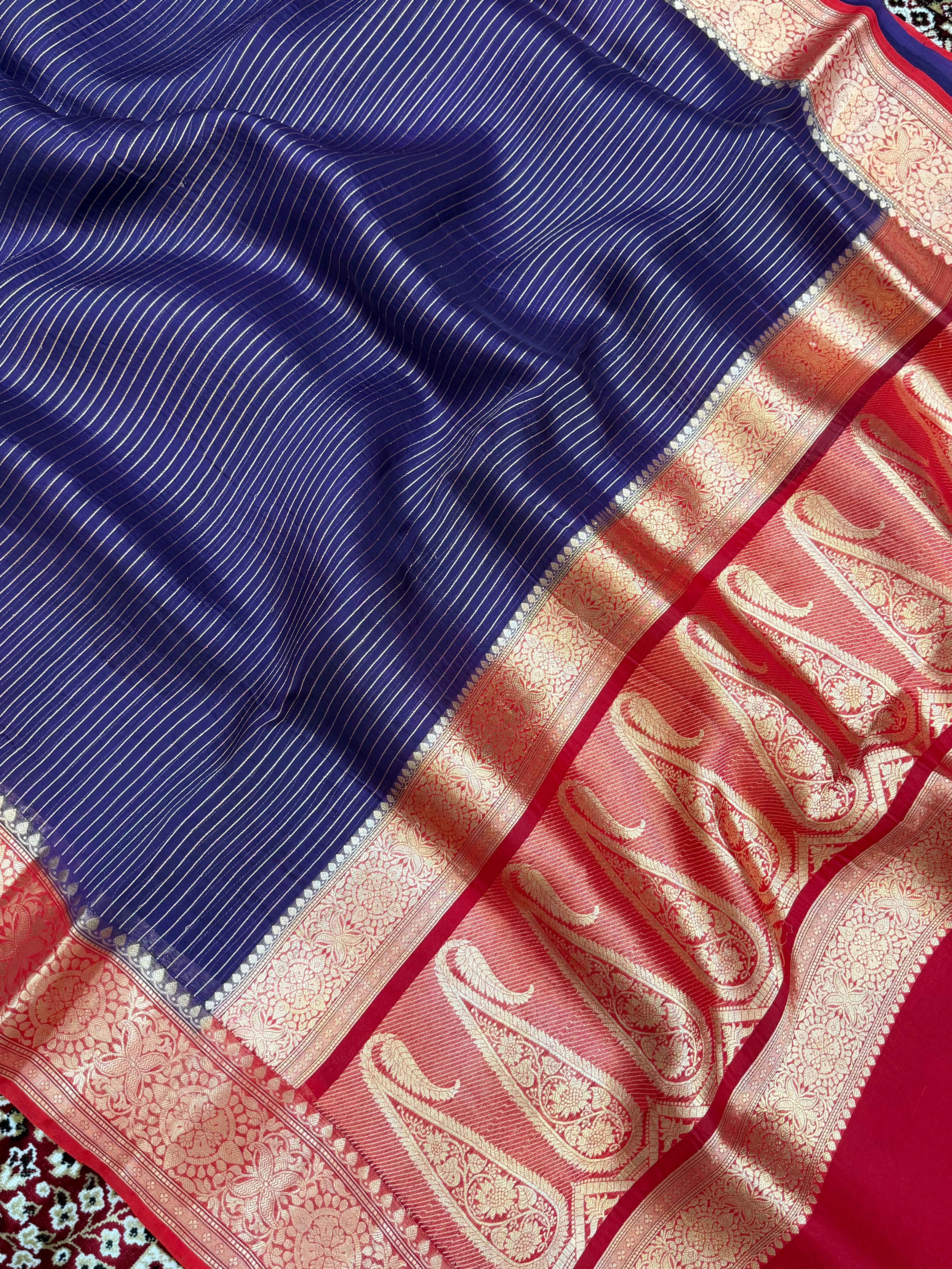Navy Blue Color Pure Organza Handloom Banarasi Saree - All Over Stripe Design