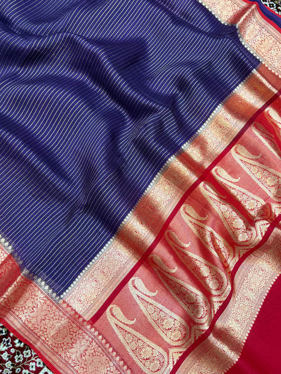 Navy Blue Color Pure Organza Handloom Banarasi Saree - All Over Stripe Design