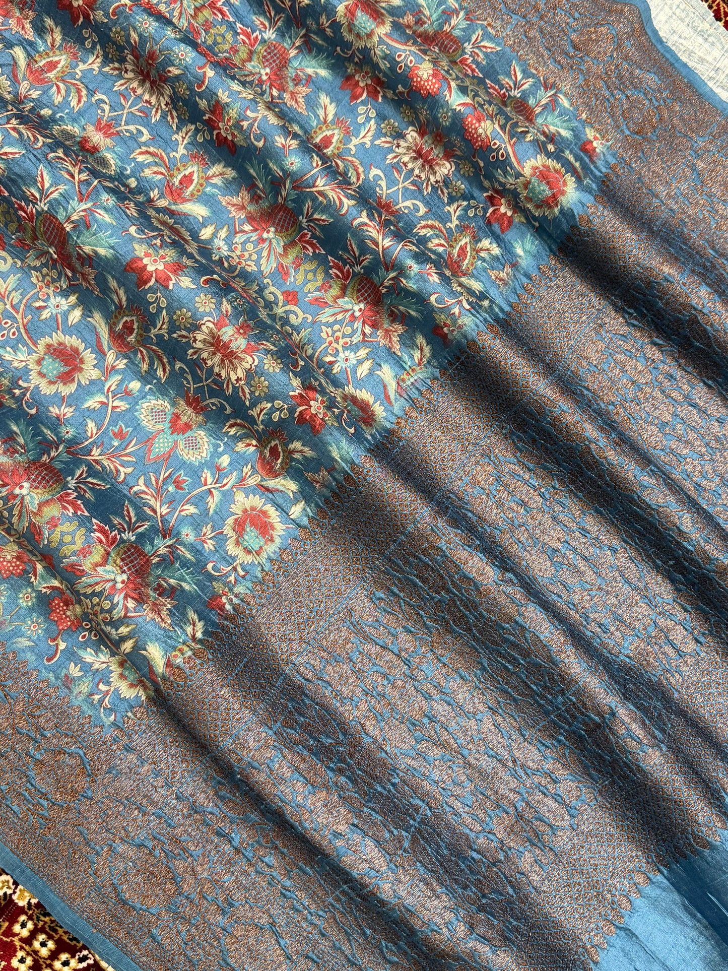 Aqua Blue Color Pure Raw Silk Handloom Banarasi Saree with Digital Print