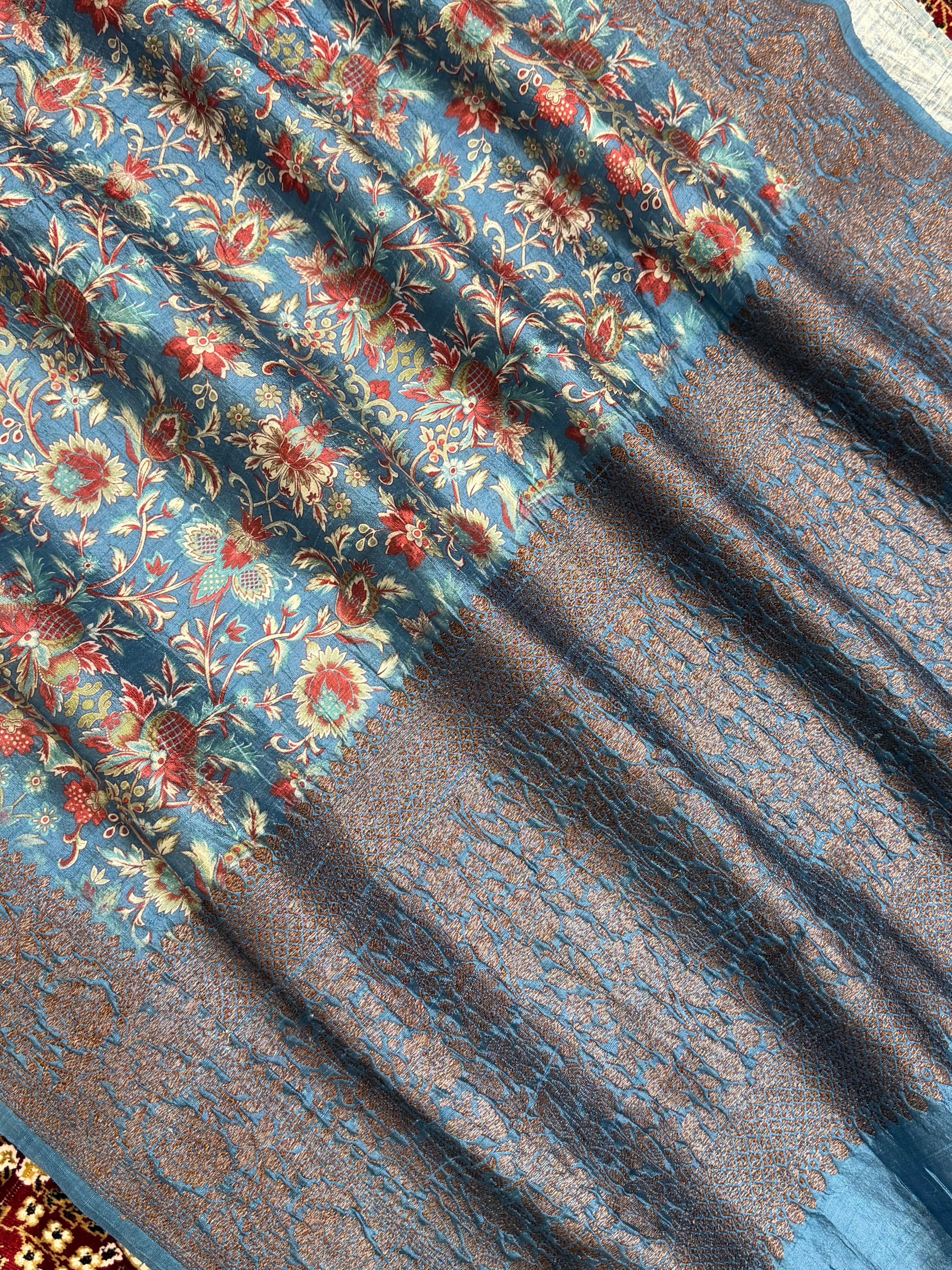 Aqua Blue Color Pure Raw Silk Handloom Banarasi Saree with Digital Print