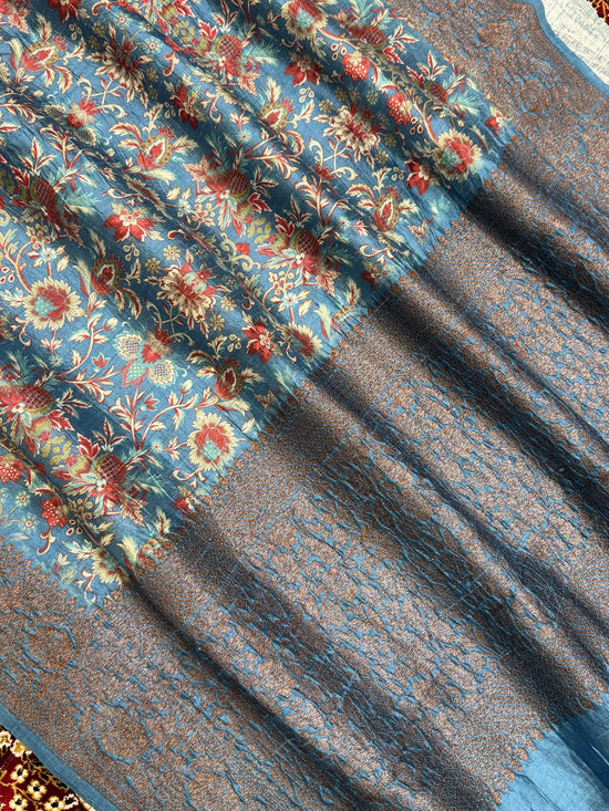 Aqua Blue Color Pure Raw Silk Handloom Banarasi Saree with Digital Print