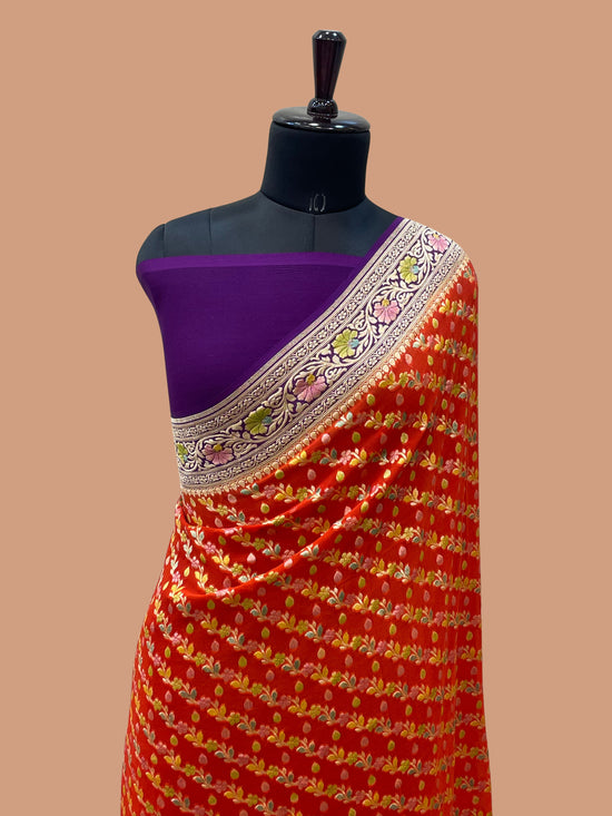 Fanta Color Khaddi Georgette Banarasi Saree -All Over Jaal Work with Meenakari
