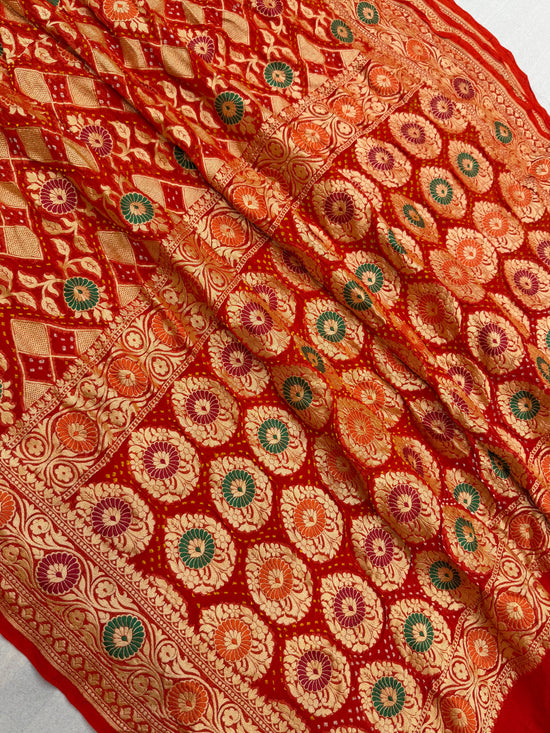 Pure Georgette Banarasi Bandhej Handloom Saree - Meenakari