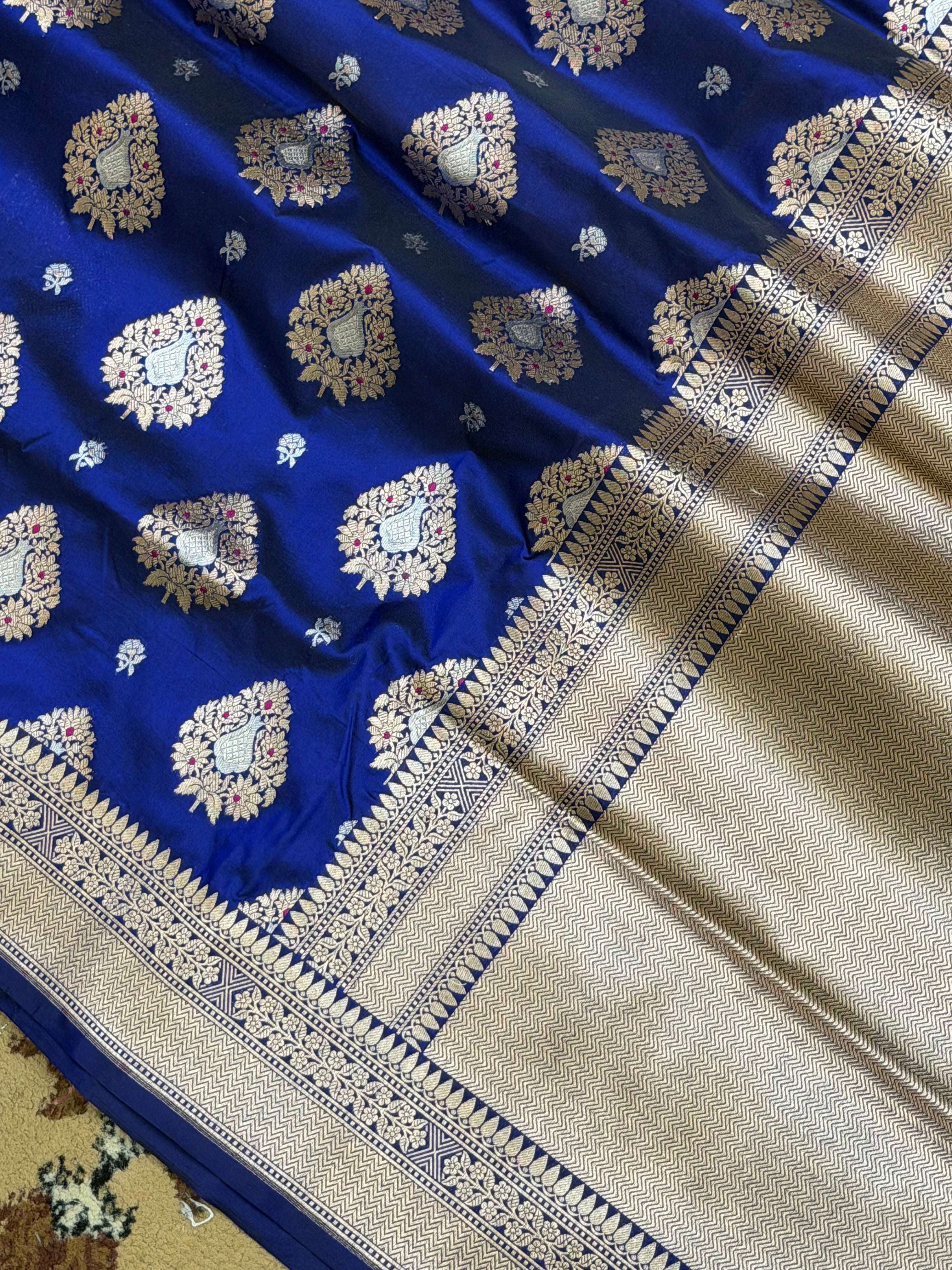 Royal Blue Color Pure Silk Handloom Banarasi Saree - All Over Sona Rupa Buta Work