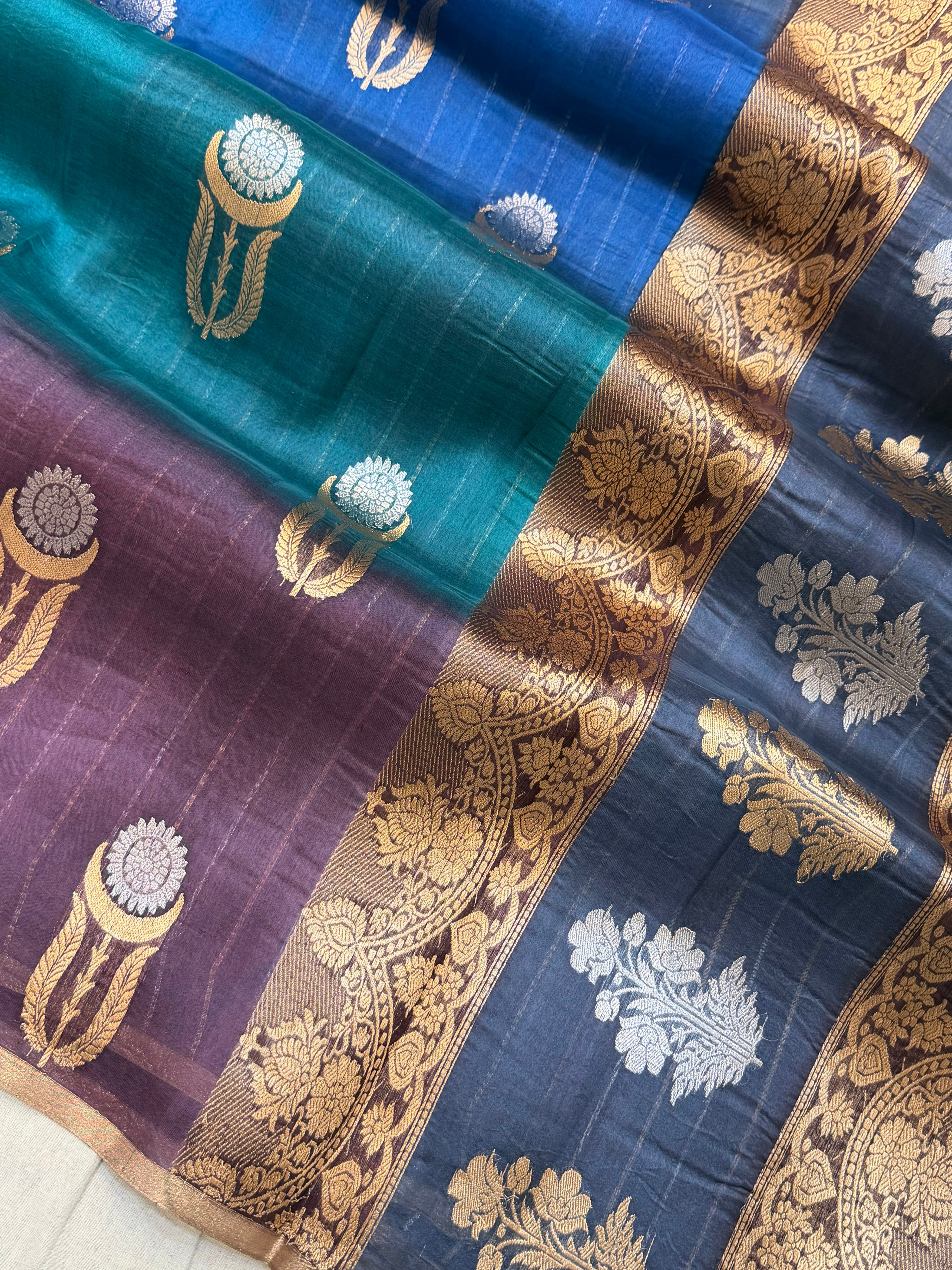 Multi Color Pure Kora Silk Handloom Banarasi Saree - All Over Buta Jaal Work