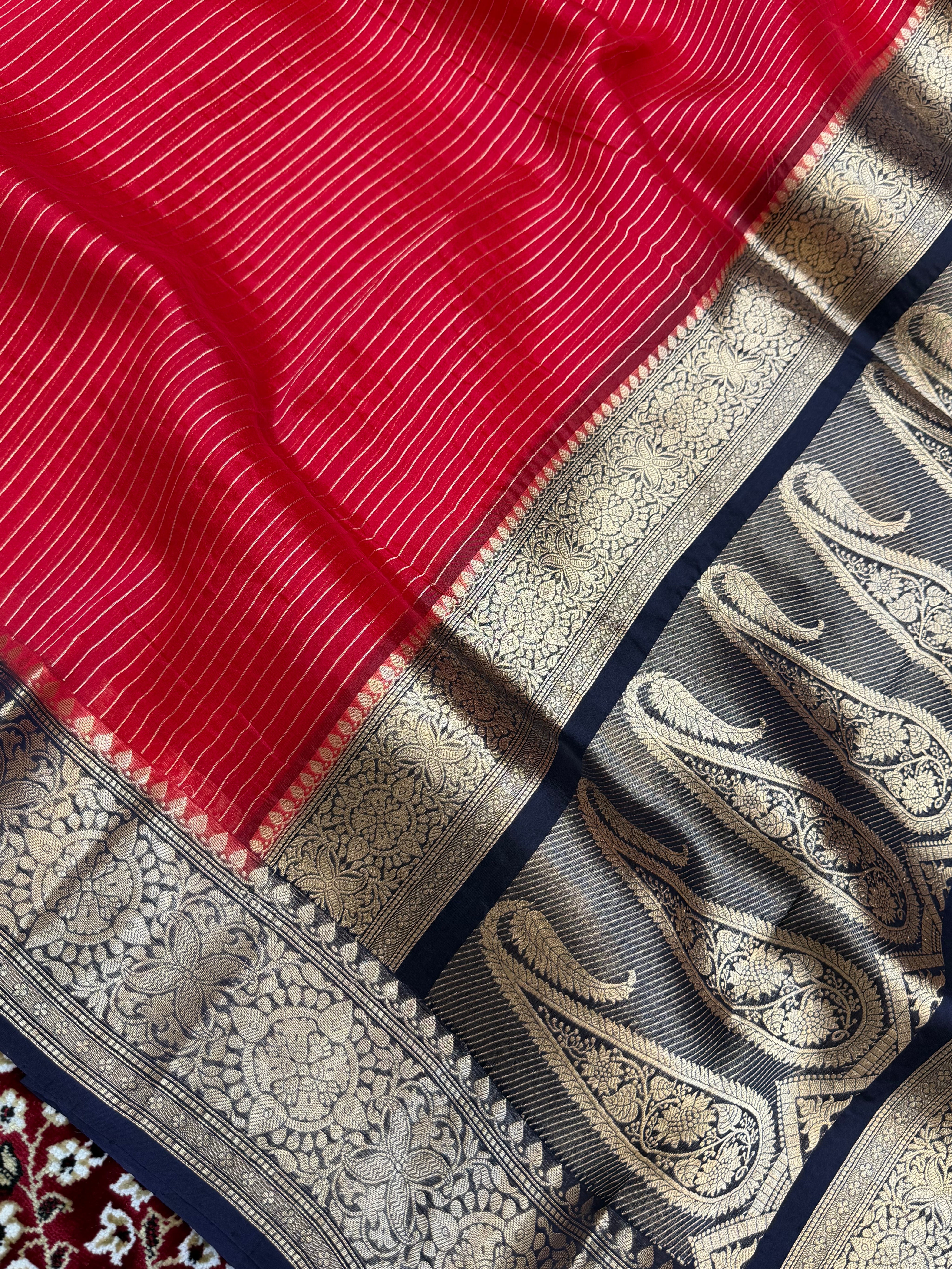 Red Color Pure Organza Handloom Banarasi Saree - All Over Stripe Design