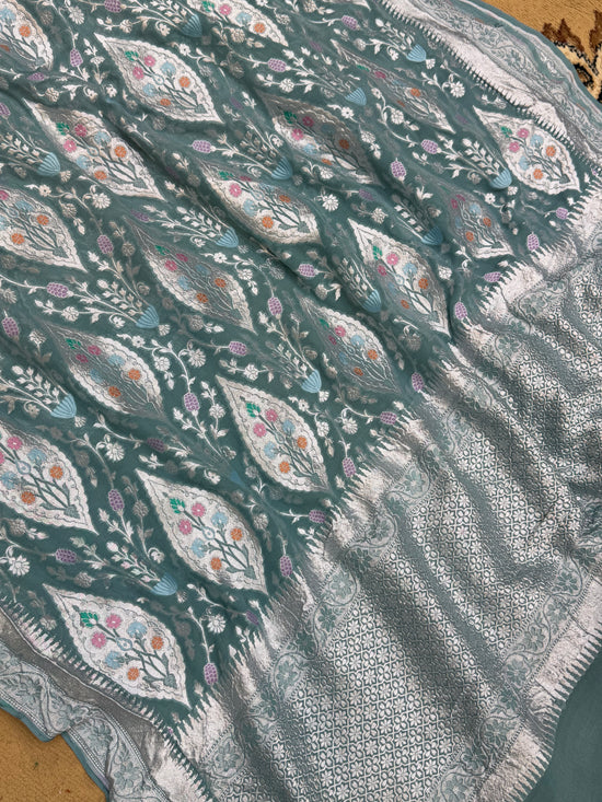 Grey Color Khaddi Georgette Banarasi Saree - All Silver Zari Work with Tilfi Meenakari