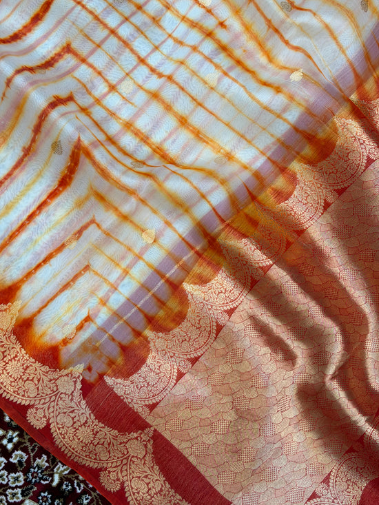 Fanta Color Pure Organza Handloom Banarasi Saree with Japanese Shibori Dye